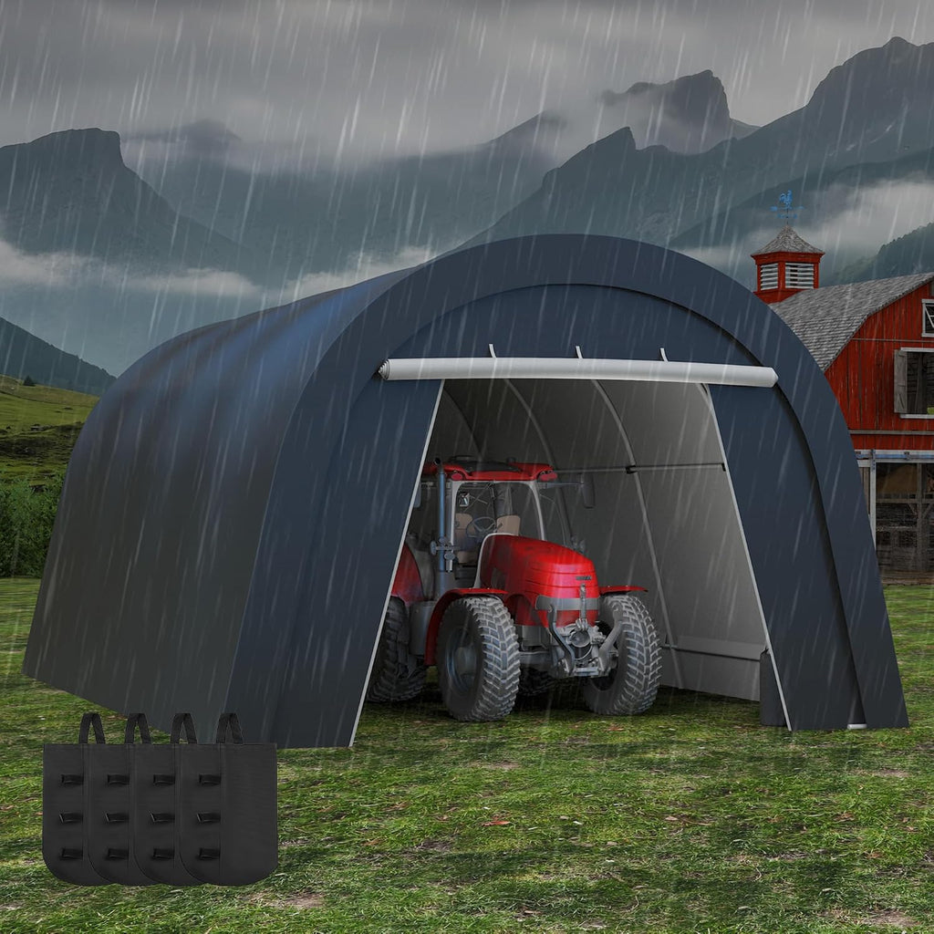 Kiss the Water Domed Carport with 4 Cloth Bags, Portable Garage with 2 Roll-up Doors, Heavy Duty Car Canopy Party Tent, All-Season Storage Shelter Shed for Cars, Truck, or Garden Tools, 13' x 20'