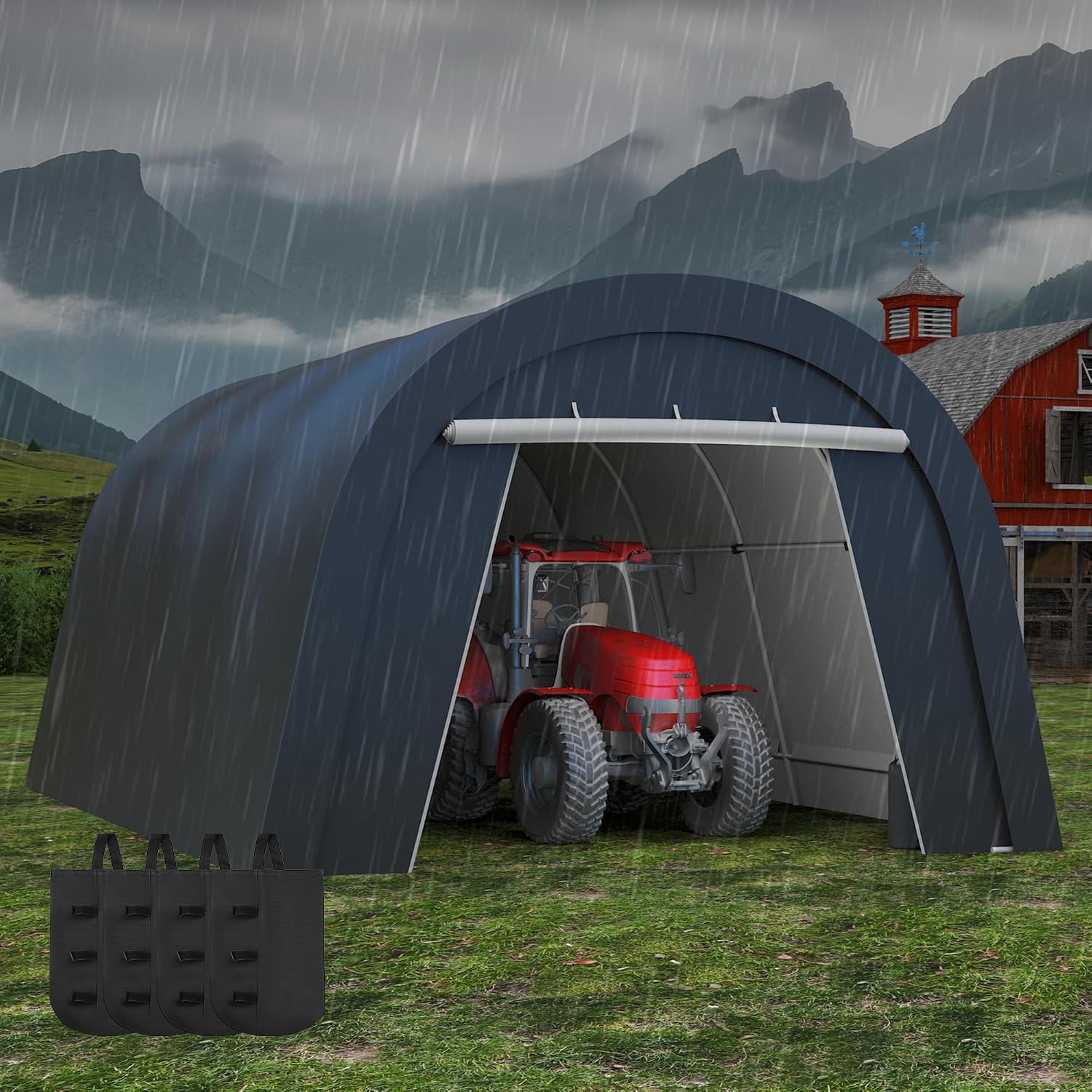 Kiss the Water Domed Carport with 4 Cloth Bags, Portable Garage with 2 Roll-up Doors, Heavy Duty Car Canopy Party Tent, All-Season Storage Shelter Shed for Cars, Truck, or Garden Tools, 13' x 20'