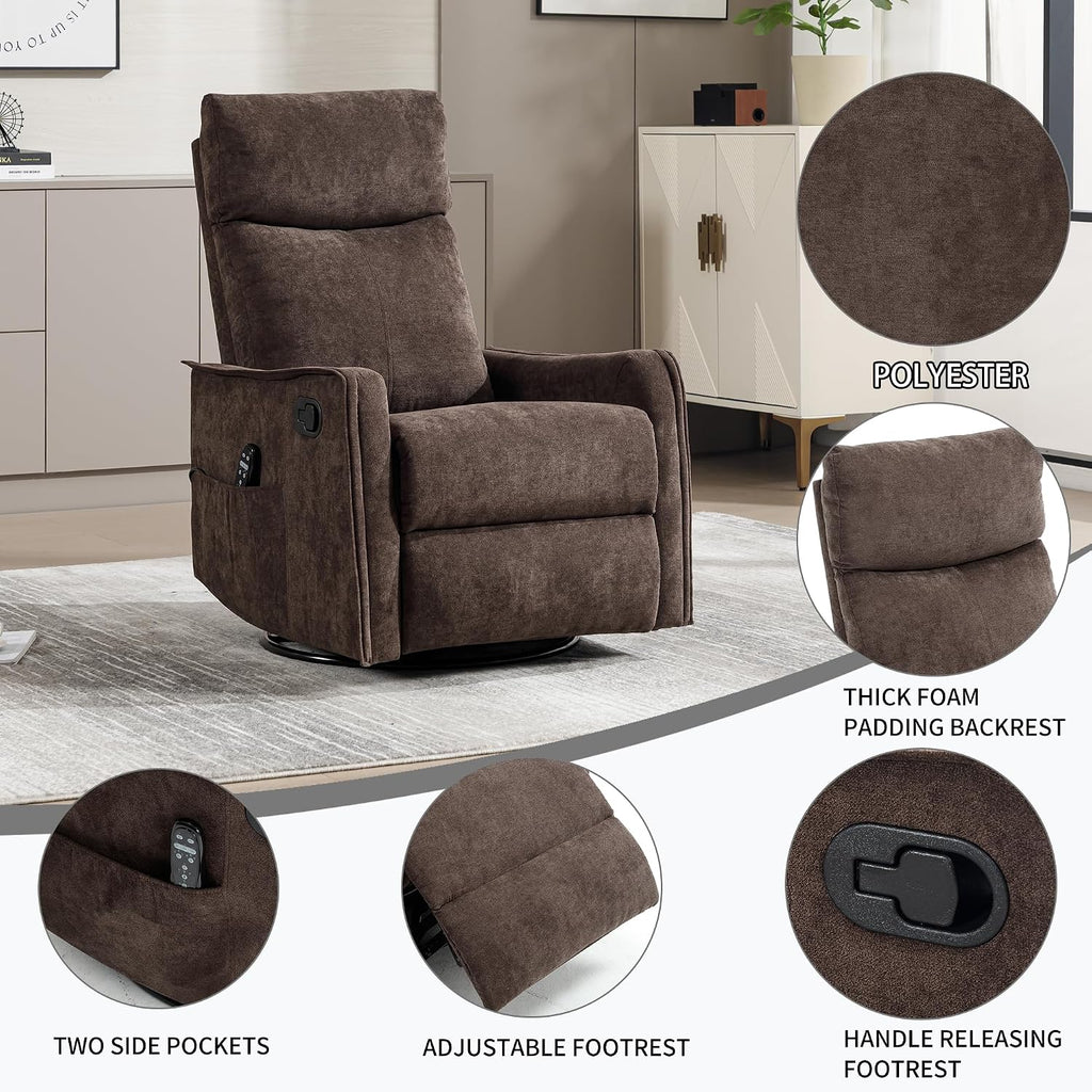 Massage Chair Recliner with Heat, 360° Swivel Glider Rocker with Reclining Backrest and Footrest, Manual Lazy Boy Recliners for Adults, Modern Nursery Rocking Chairs (Brown)