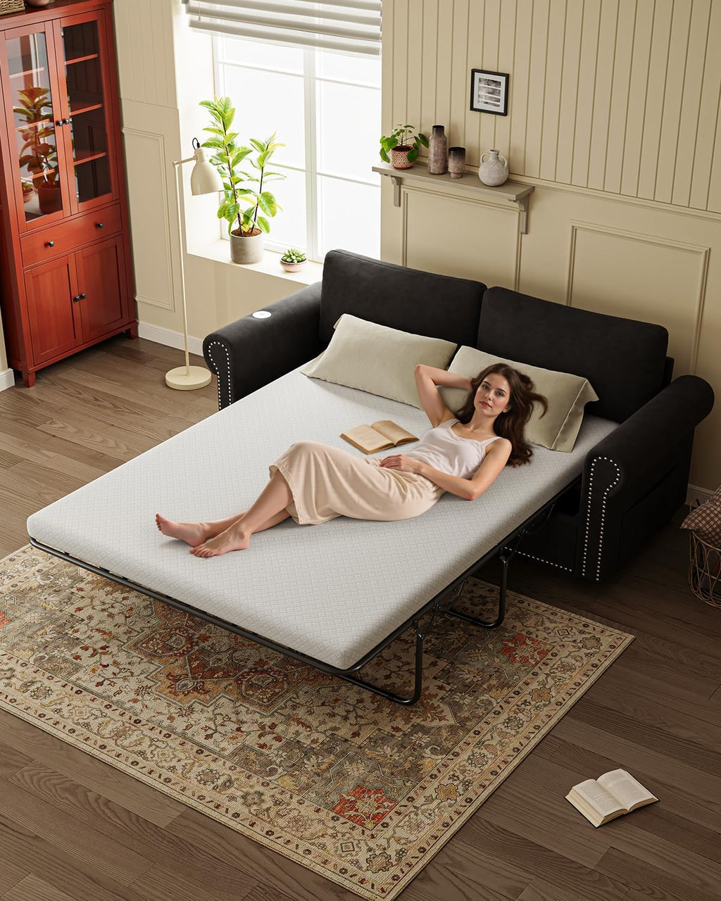 Queen Pull Out Sofa Bed | 83' Large Sleeper Sofa with Queen Size Mattress | 2-in-1 Convertible Loveseat Sofa-Bed with USB Ports Side Pockets Black