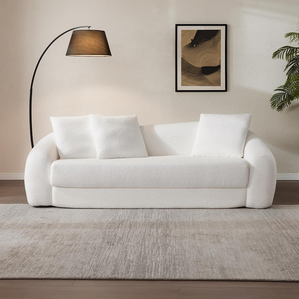 SICOTAS 90.6' Curved Convertible Sofa Couch Bed for Living Room Futon Cloud Boneless Sleeper Sofa Pull Out Floor Couch with Deep Seat Modern 3 Seater Foam Bed No Assembly for Bedroom Apartment, White