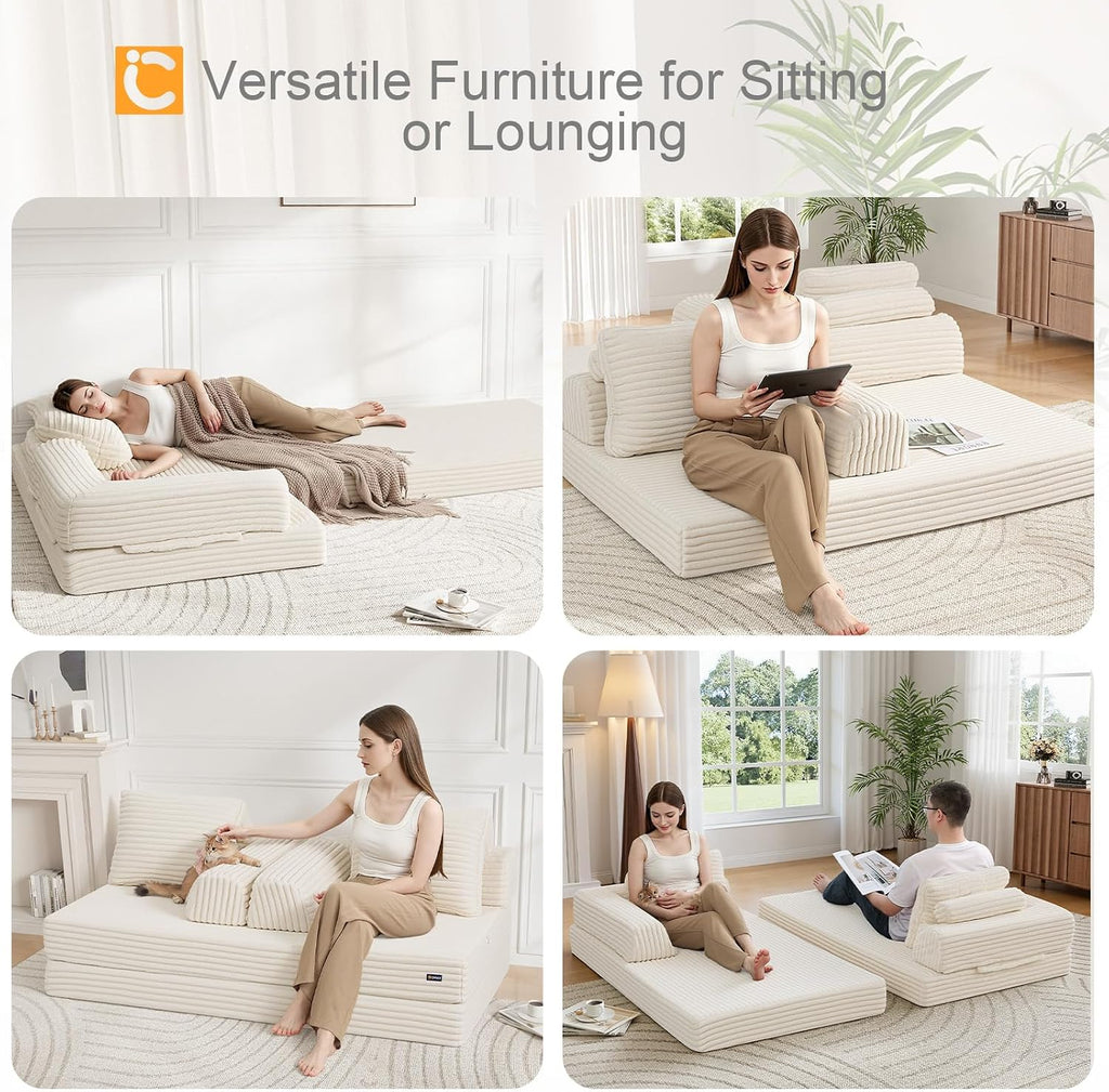 COMAX Convertible Sofa Bed, Folding Floor Couch Corduroy Fold Out Couch Bed Futon Sleeper Mattress with Pillows, Boneless Sofa Comfy Lounge Loveseat for Living Room Bedroom, Plush Beige
