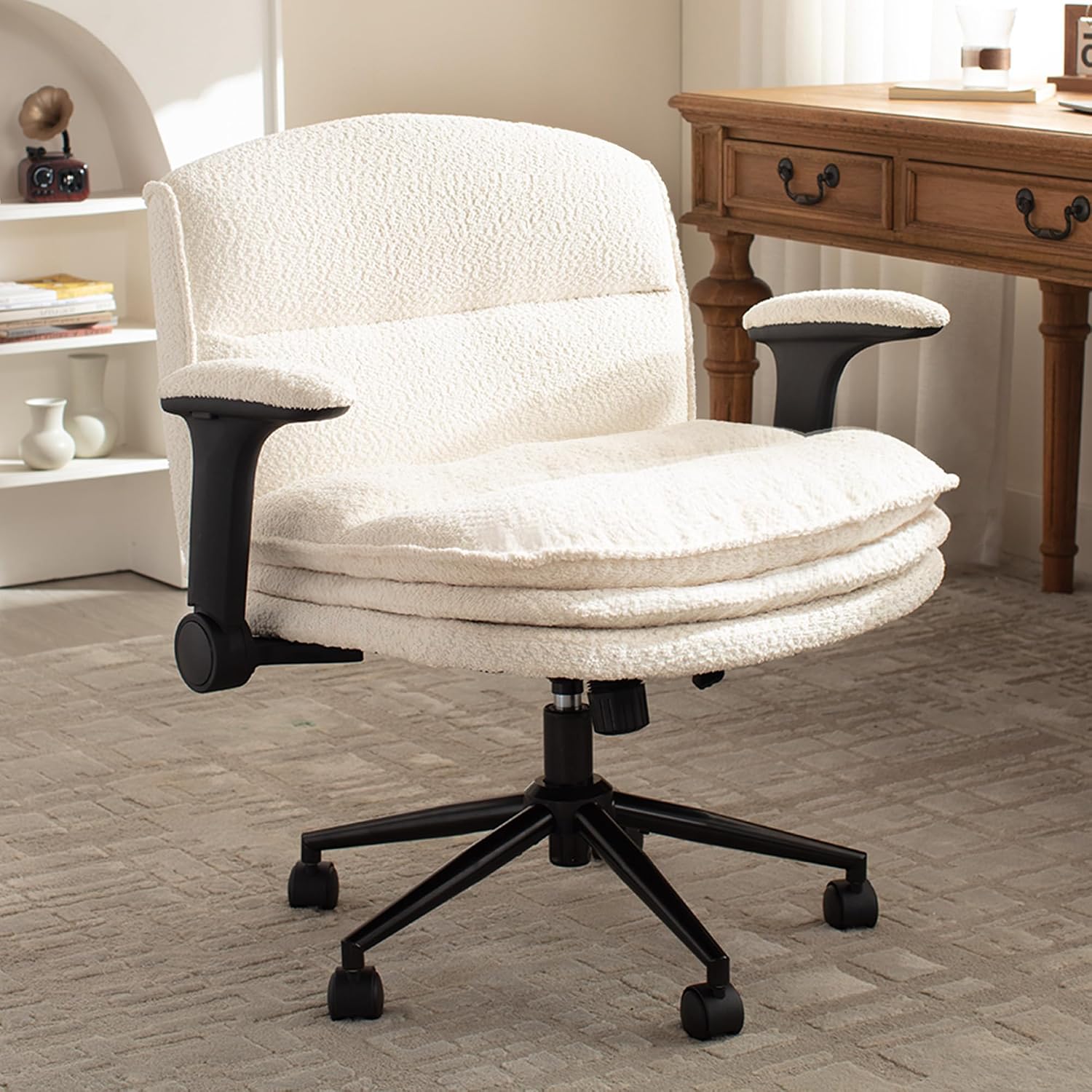Dowinx Criss Cross Chair with Adjustable Flip-up Arms and Wheels, Comfort Ergonomic Office Desk Armchair with 3 Layer Cushions, Wide Seat Vanity Chair for Home Office, Living Room, Bedroom, Beige