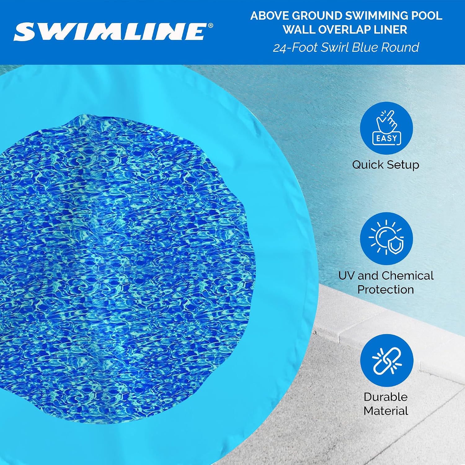 Swimline 24 Feet Round Overlap Above Ground Pool Liner Standard Gauge with Swirl Bottom Design and LamiClear Protection Against Fading, Blue