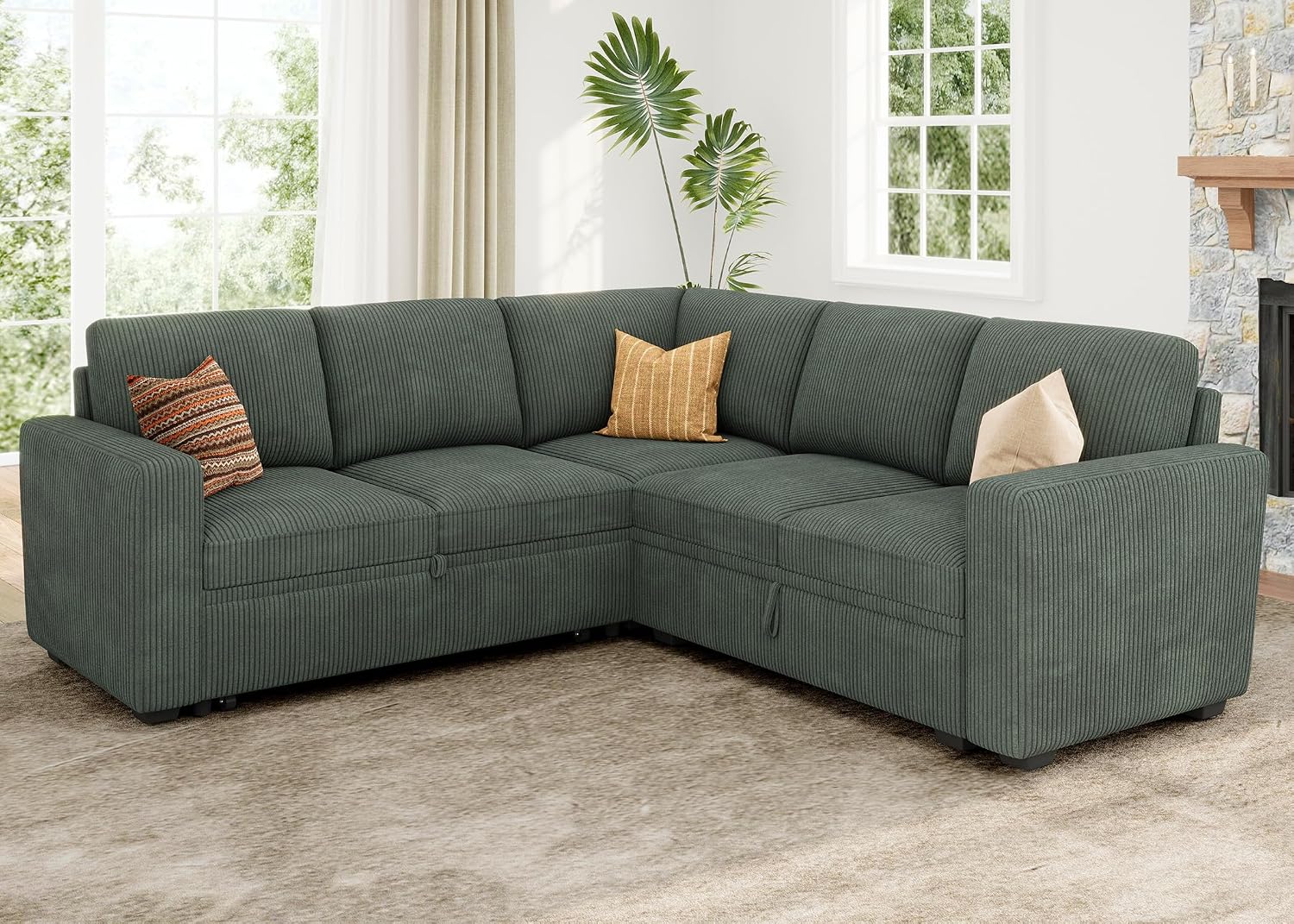 HONBAY Modular Sectional Sleeper Sofa with Pull Out Bed, Corduroy L Shaped Couch with Storage, Sectional Couches for Living Room, Green