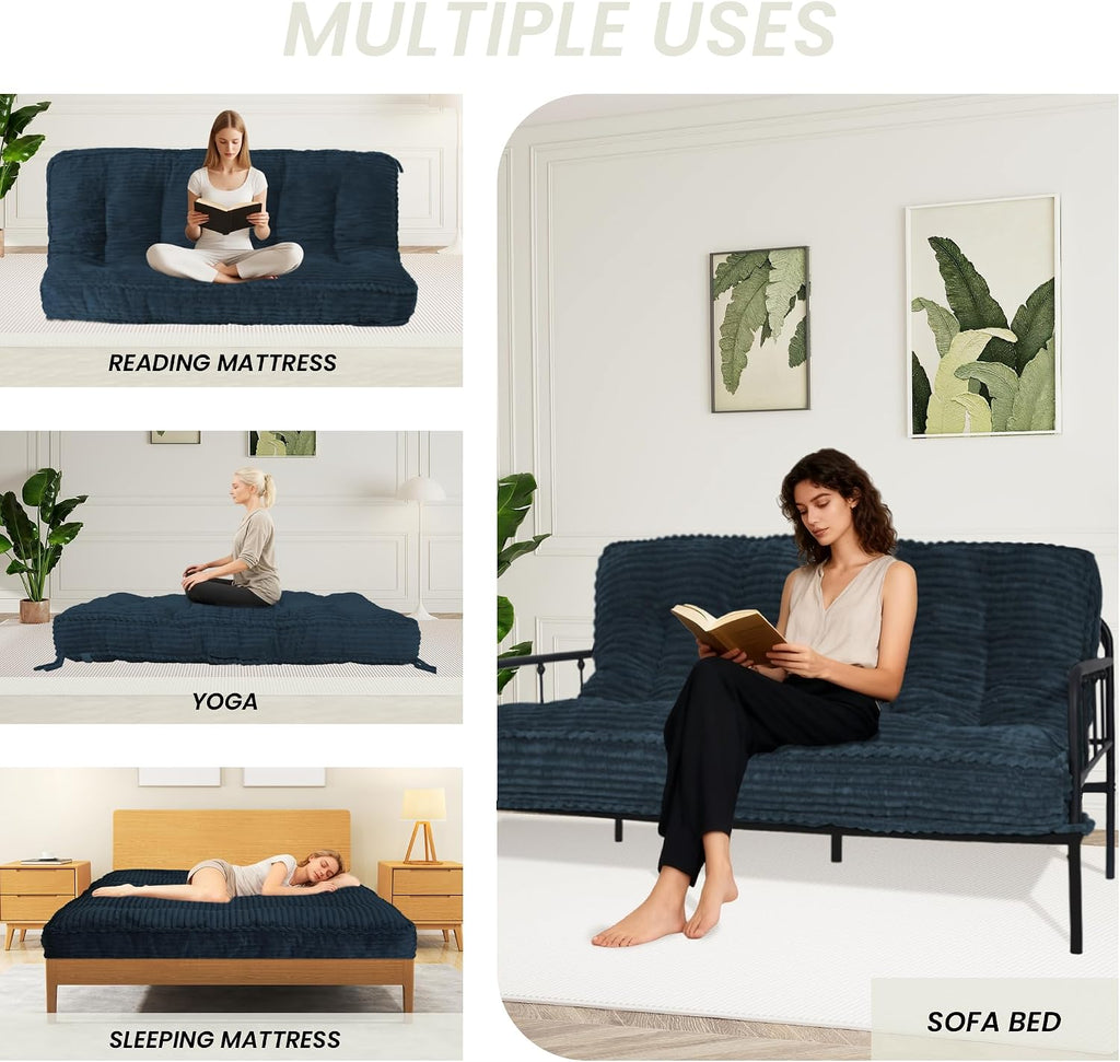 8 Inches Futon Mattress Full Size, Extra Thick Futons Sofa Couch Bed with Strap Design, Japanese Floor Mattress for Adults, Folding Mattres Shredded Foam Filling (Frame Not Included), Blue