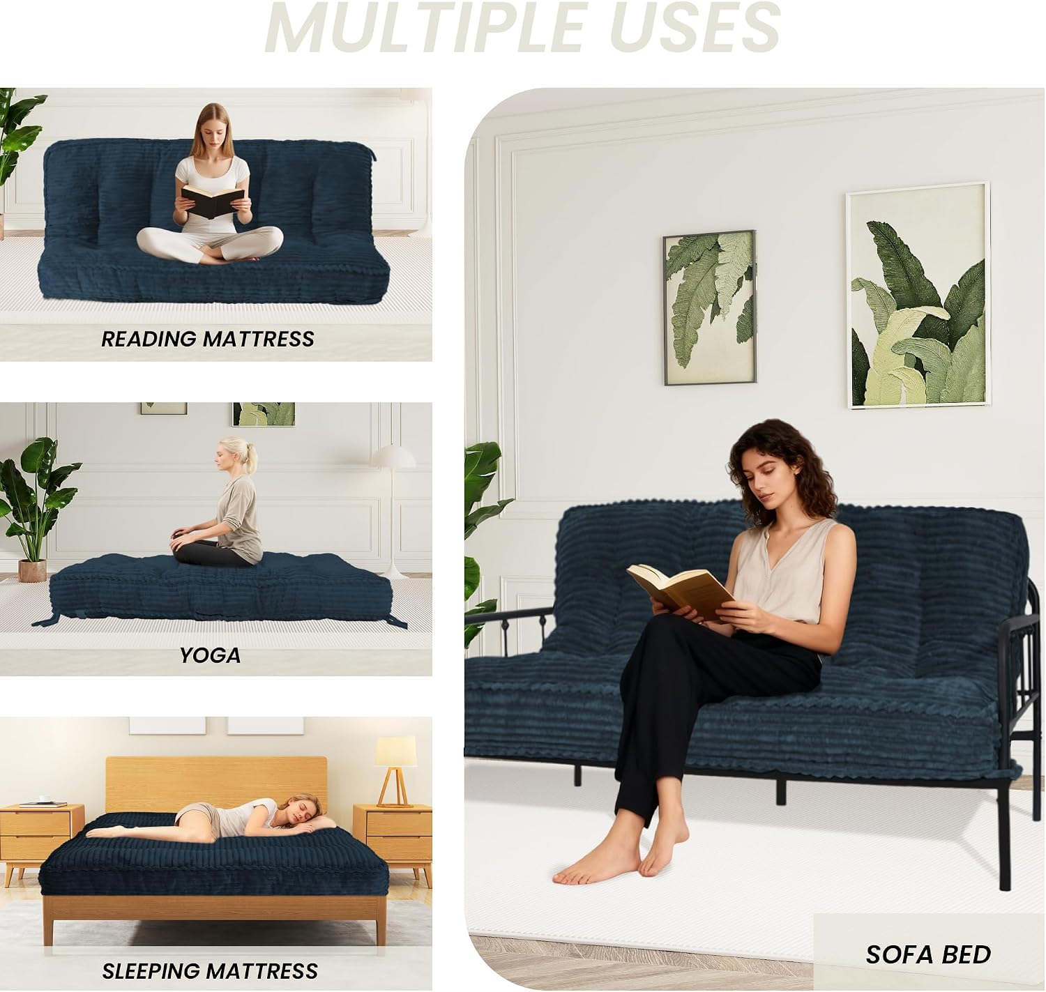 8 Inches Futon Mattress Full Size, Extra Thick Futons Sofa Couch Bed with Strap Design, Japanese Floor Mattress for Adults, Folding Mattres Shredded Foam Filling (Frame Not Included), Blue