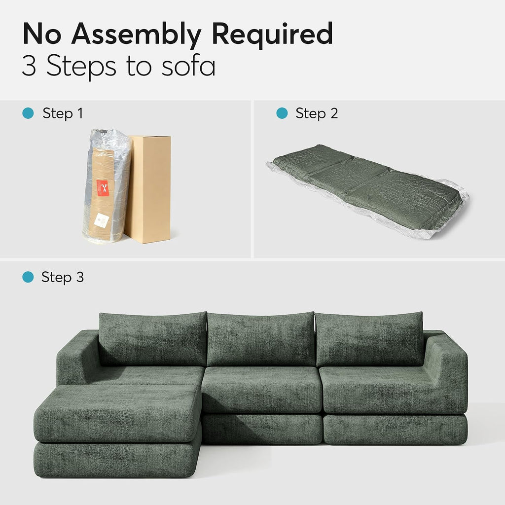 Chenille Modular Floor Sofa Bed, L Shaped Convertible Sleeper Couch with Memory Foam Cushions, Low Profile Sectional Sofa for Living Room, Apartment, Guest Room, Green