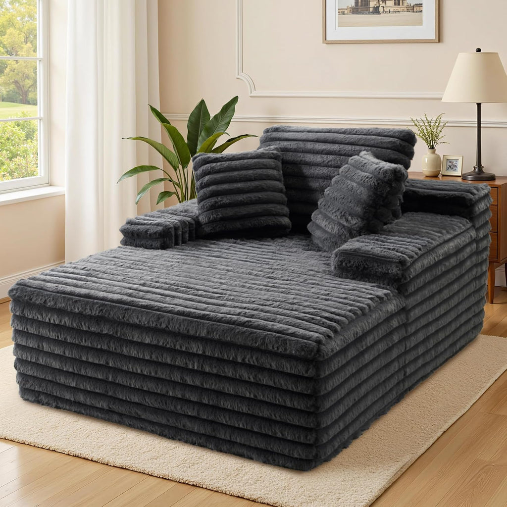 VanAcc 67' Chaise Lounge Sofa, Faux Fur Sleeper Chaise with Armrests and Throw Pillows, No-Assembly Couch for Living Room or Apartment, Gray