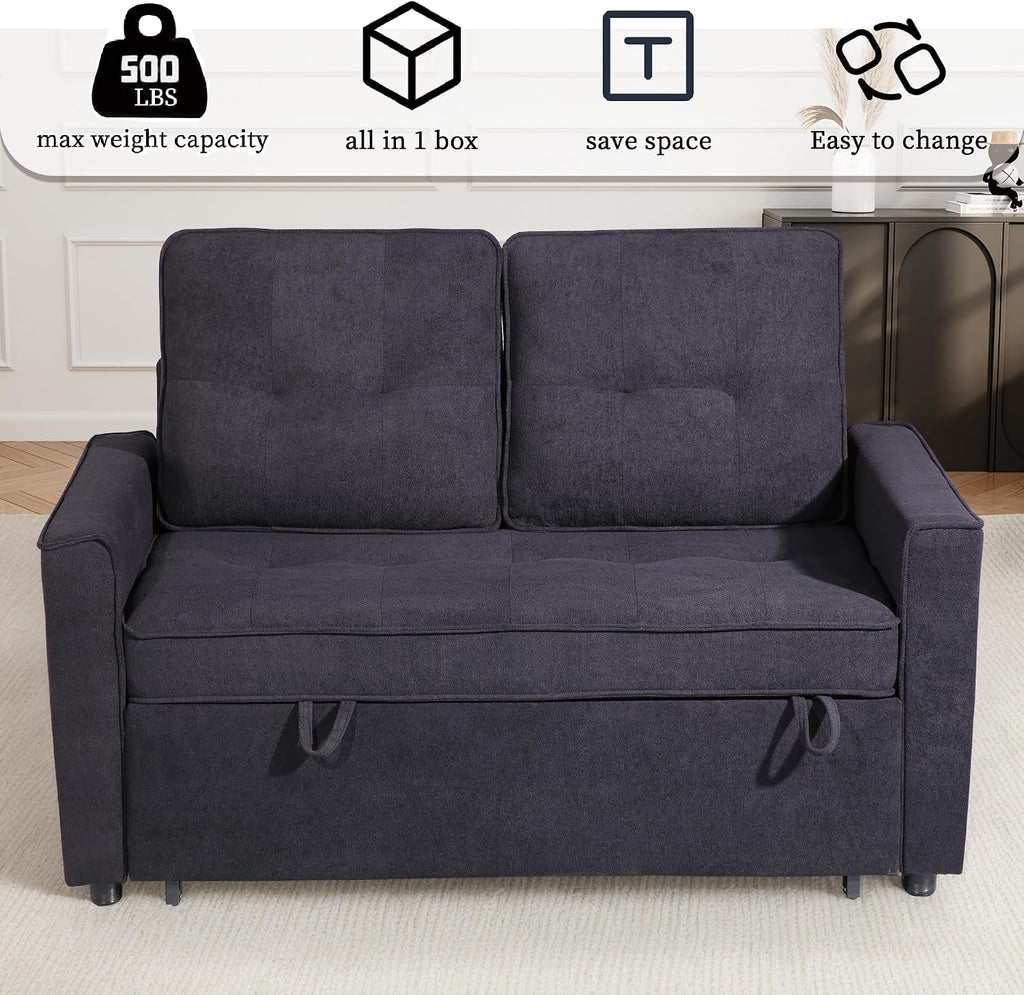 EJUNQ Pull Out Couch, Convertible Sofa Bed with USB and Reclining Backrest, Modern 3 in 1 Sleeper Sofa Couch Bed with Side Pockets, Comfortable Loveseat Sleeper for Small Spaces.(Black)
