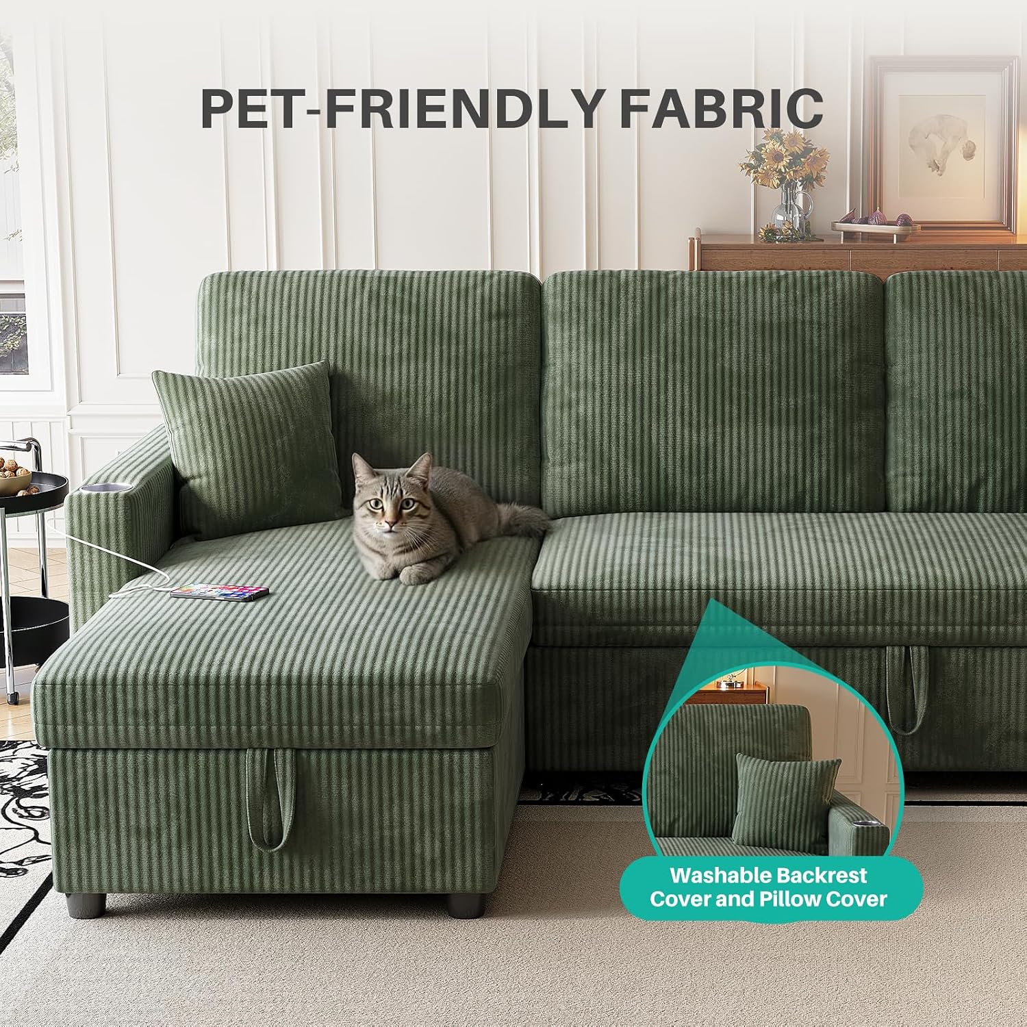 Sleeper Sectional Sofa, 83' Convertible Sofa Bed with Pull Out Couches, Small Desktop, L Shaped Couch with Reversible Chaise, Cup Holders, USB, Modern Corduroy Sofas for Living Room Apartment, Green