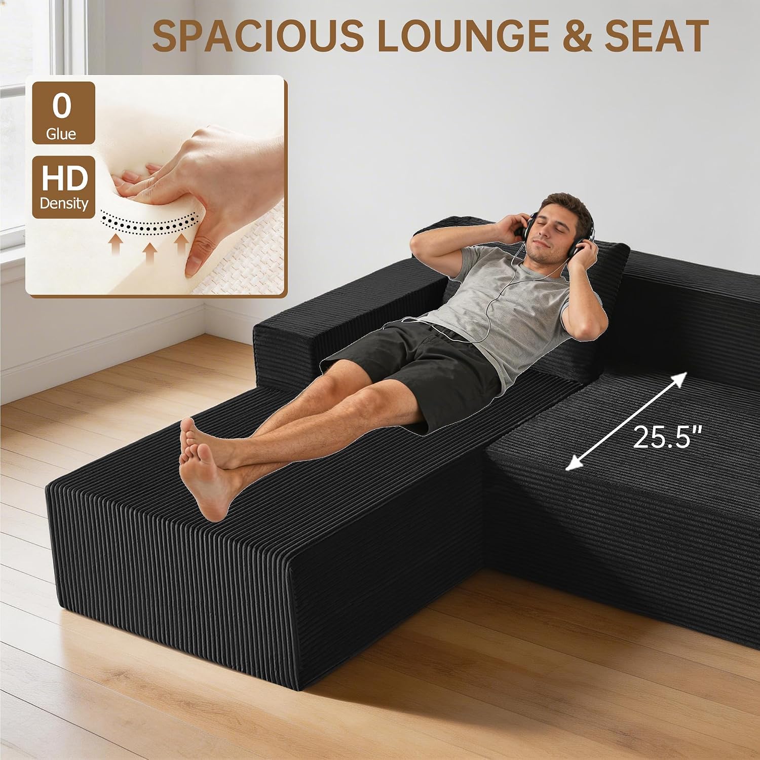Nigoone 103' Sectional Couch for Living Room, Modular L Shaped Black Couches with Chaise, Large Minimalist Modern Deep Seats Boneless Sofa, Corduroy, No Assembly