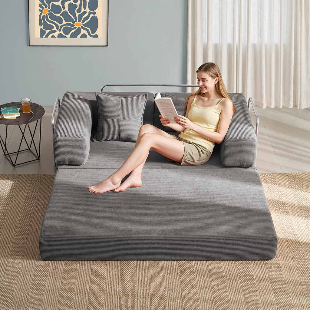 YINIX Foldable Sofa Bed, 62'' Folding Floor Couch, Compressed Convertable Sleeper Sofa, Memory Foam Couch with Pillow Back Support Armrest, 4-in-1 Futon Sofa Bed for Living Room, Light Gray