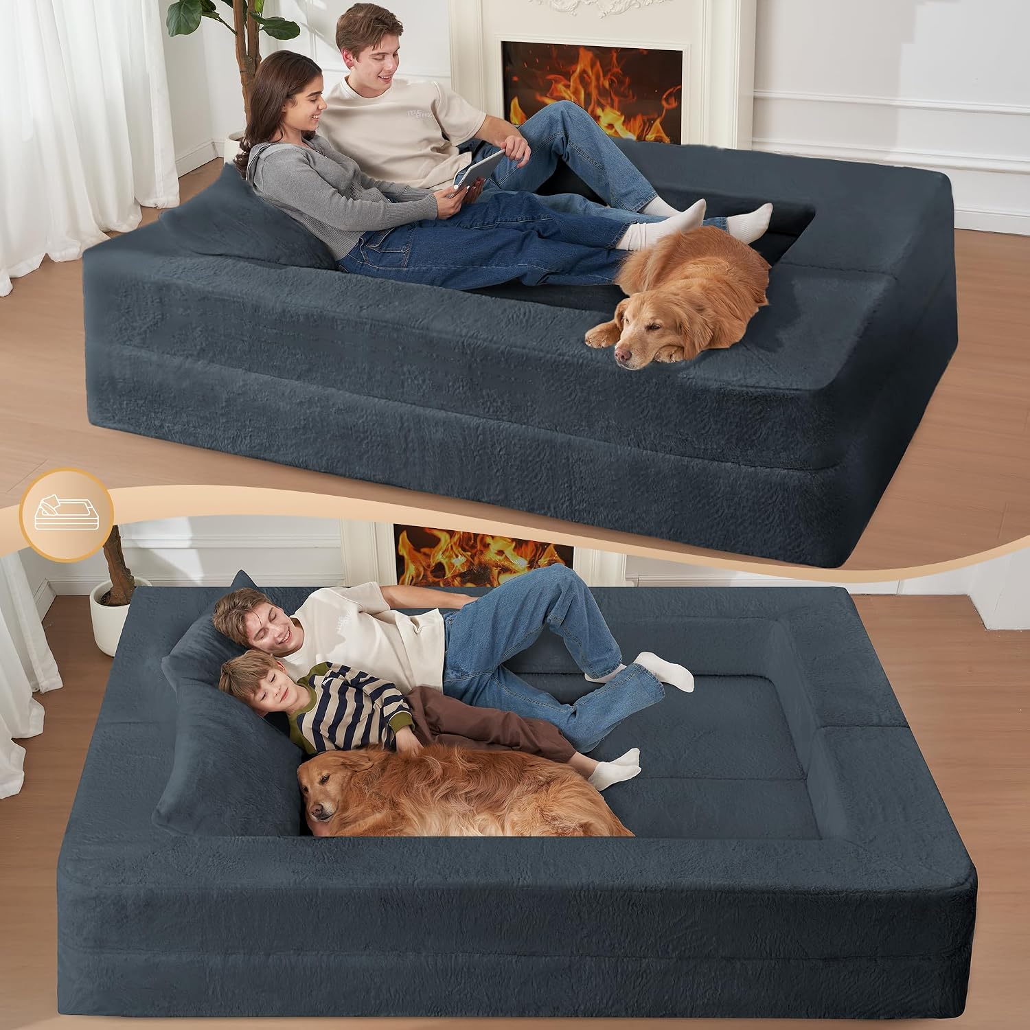 Folding Bean Bag Chair for Adults,3-in-1 Bean Bag Couch Faux Fur Floor Sofa Large Beanbag Convertible Bean Bag Sofa Bed with Pillow in Bedroom,Living Room,Apartment(Queen,Dark Grey)