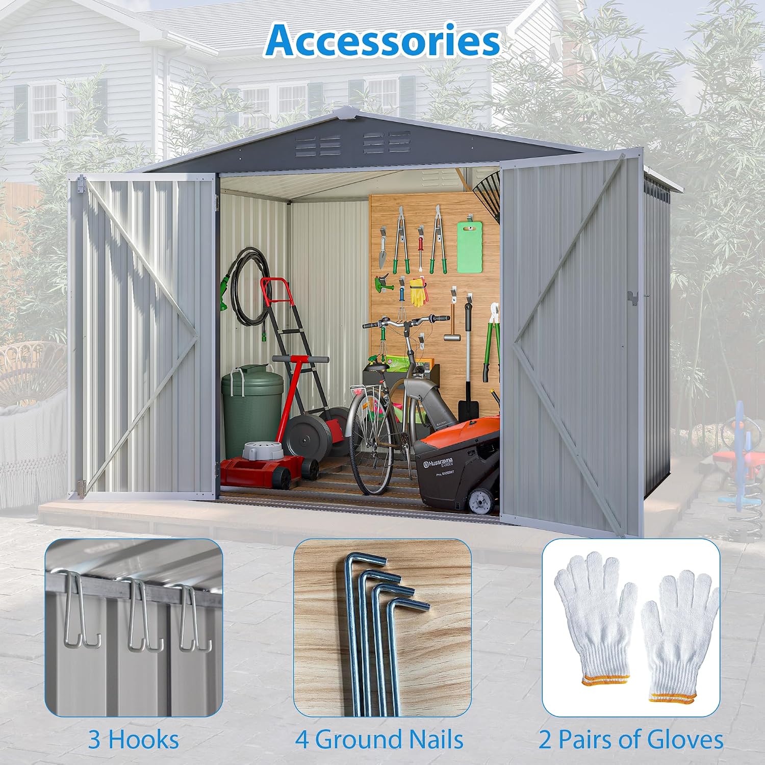 YOPTO 8 x 6 FT Outdoor Storage Shed with Floor Frame,Utility Metal Tool Storage with Lockable Doors,Air Vents & Waterproof Roof, Large Garden Shed for Backyard, Patio Lawn,Gray
