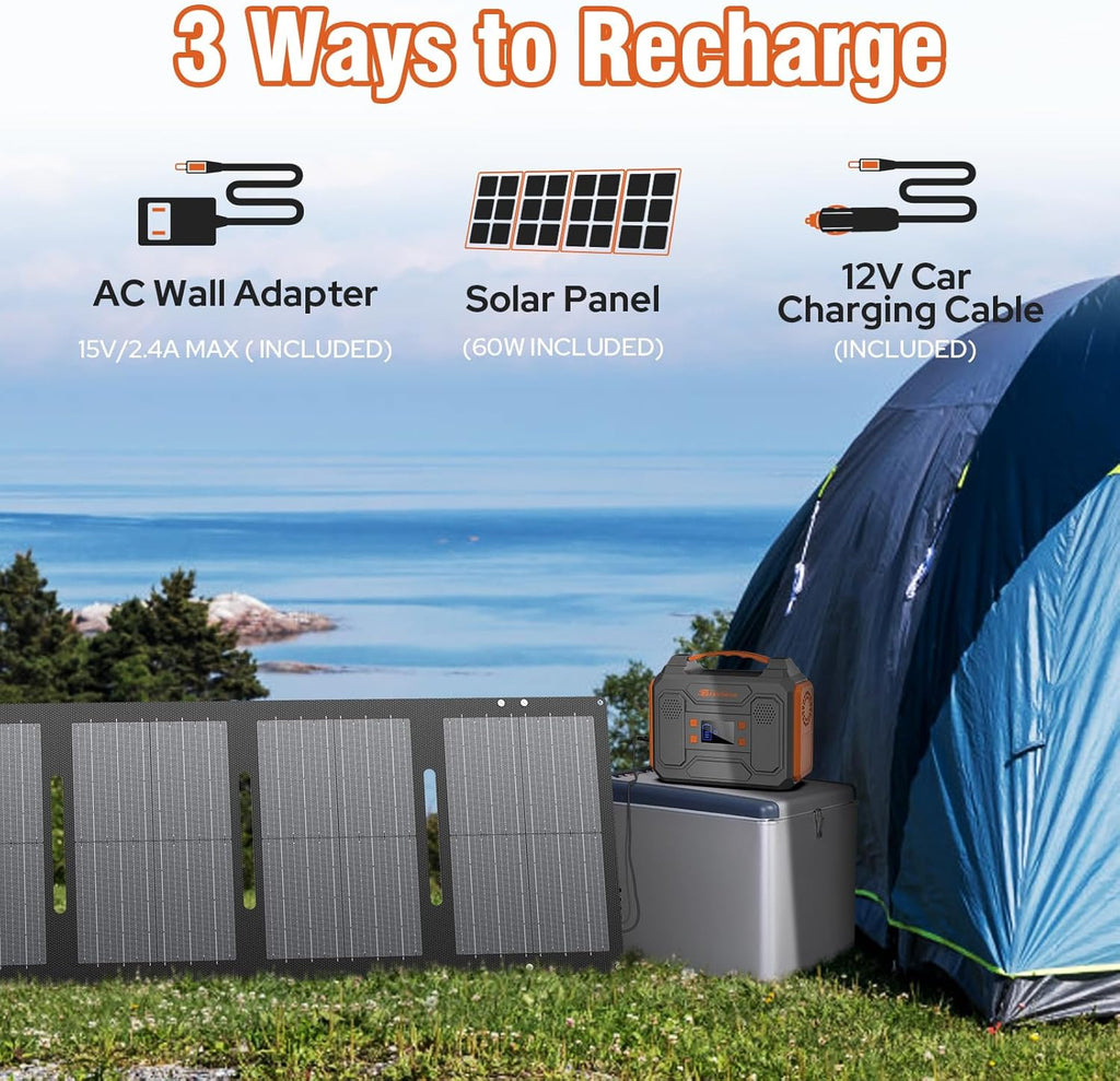 300W Portable Power Station with Foldable Solar Panel 60W, Portable Solar Power Generator with Panels, Camping 65W 110V Power Bank with AC Outlet for Laptop Smart Device RV Outdoor Power Outage