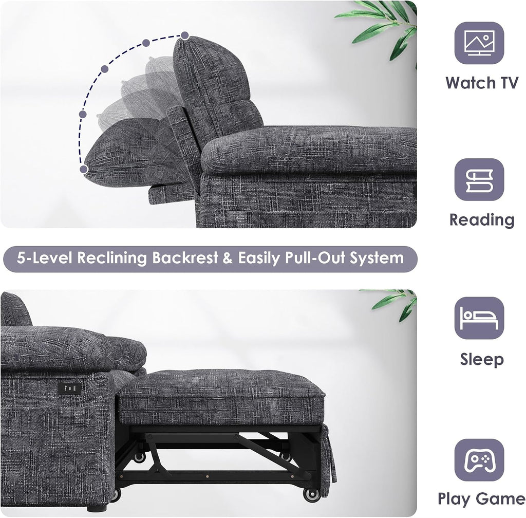 Keyluv 59' Loveseat Sleeper Sofa with USB Ports & Side Pockets, 3 in 1 Convertible Sofa Bed for Living Room/RVs/Camper, Pull Out Couch with Adjustable Backrest, Chenille Grey