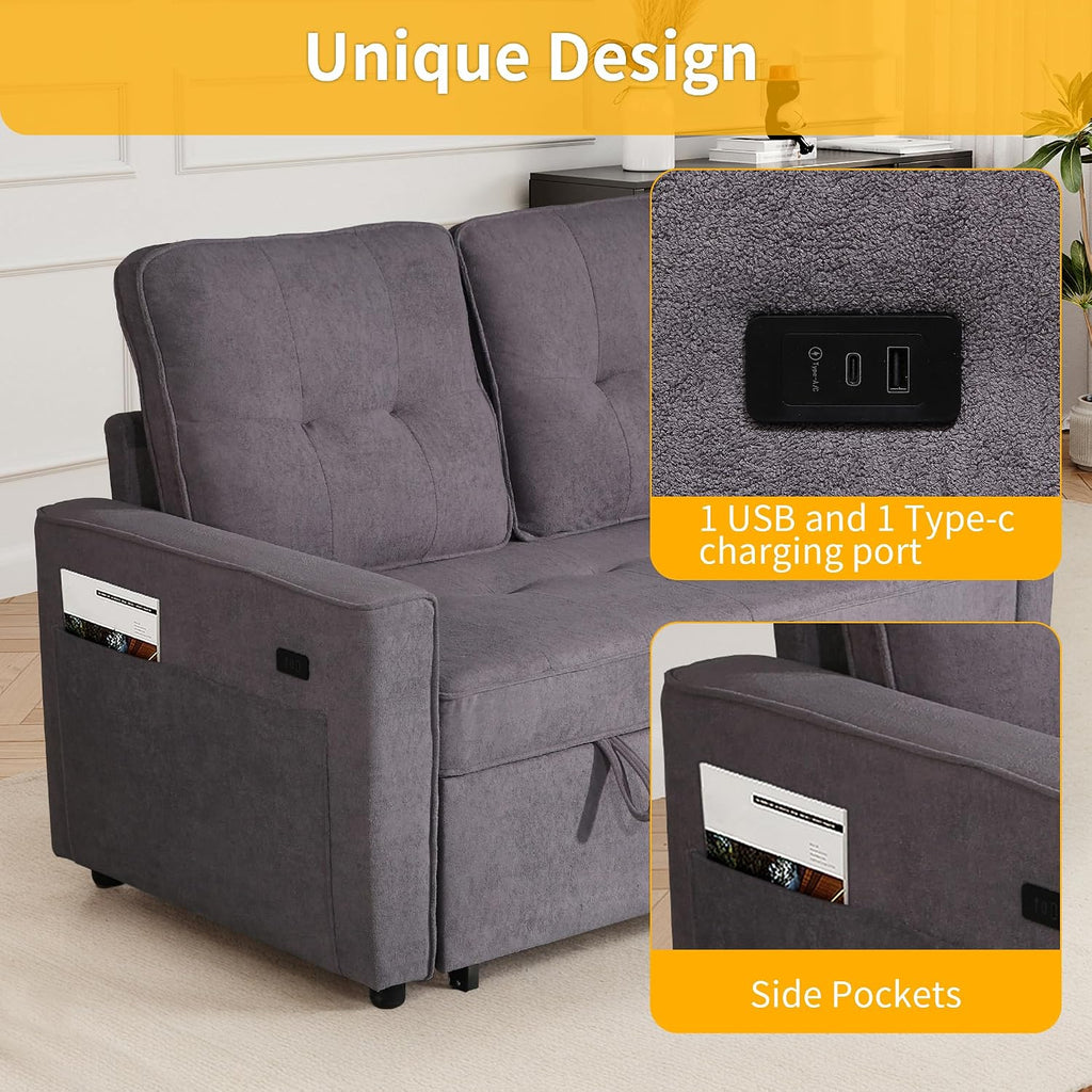EJUNQ Pull Out Couch, Convertible Sofa Bed with USB and Reclining Backrest, Modern 3 in 1 Sleeper Sofa Couch Bed with Side Pockets, Comfortable Loveseat Sleeper for Small Spaces.((Gray)