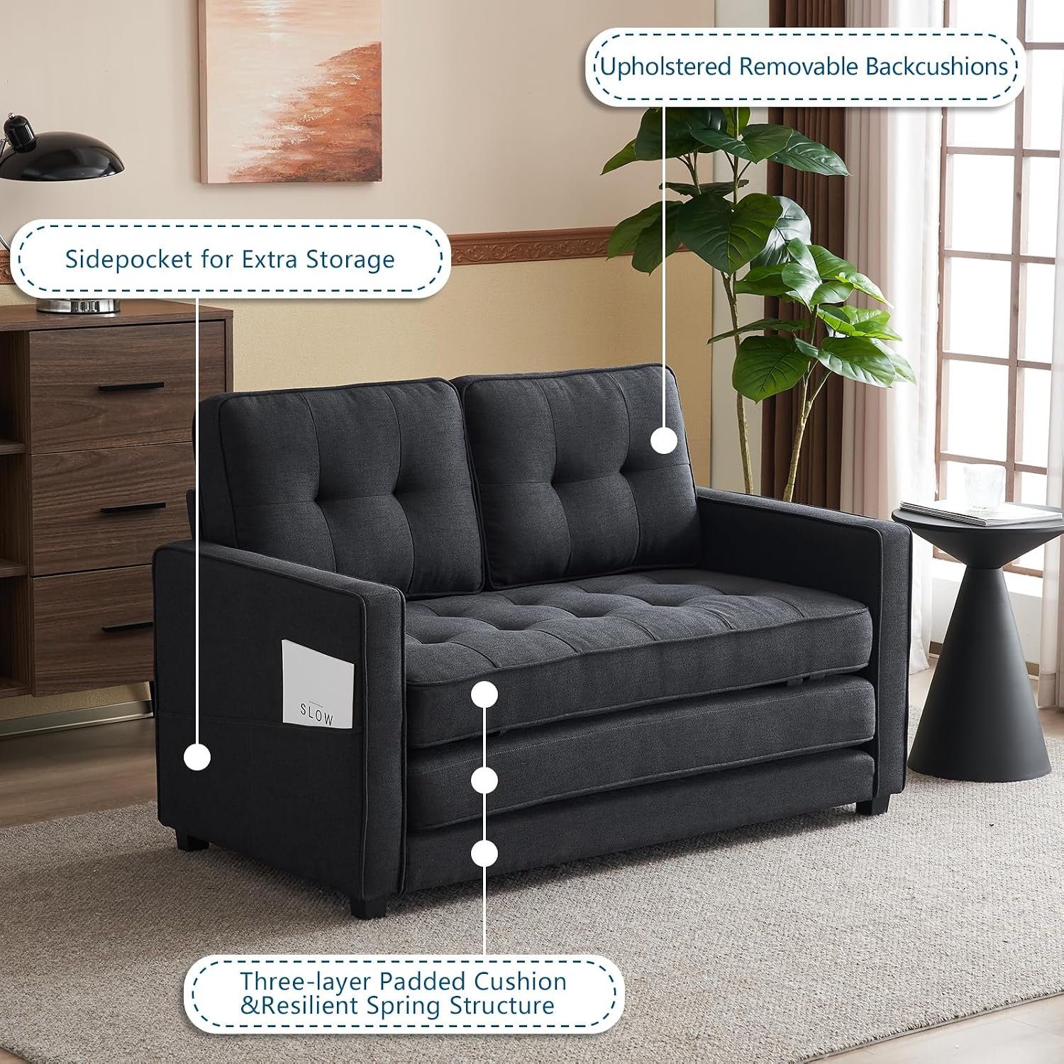 VINGLI Upgraded Loveseat Sleeper, 53.5' W 83' L Convertible Sofa Bed Couch Futon Couches for Living Room, Folding Couch Bed for Small Spaces, Fold Out Floor Gaming Sofa Bed for Basement, Black