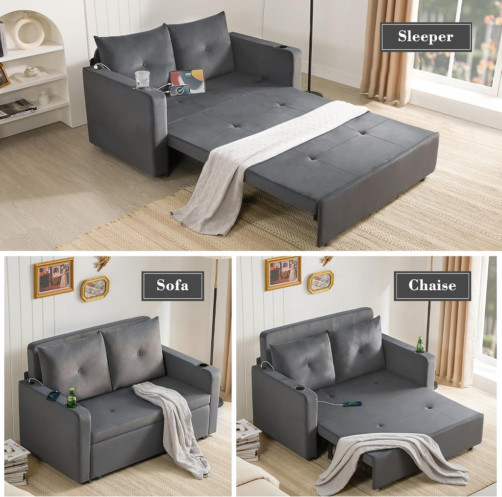 Krcix 3 in 1 Pull Out Couch, 56 Inch Velvet Sofa Bed, Convertible Loveseat Sleeper Sofa for Living Room, Small Space, Upholstered Couch Bed with USB, Cup Holder(Grey)