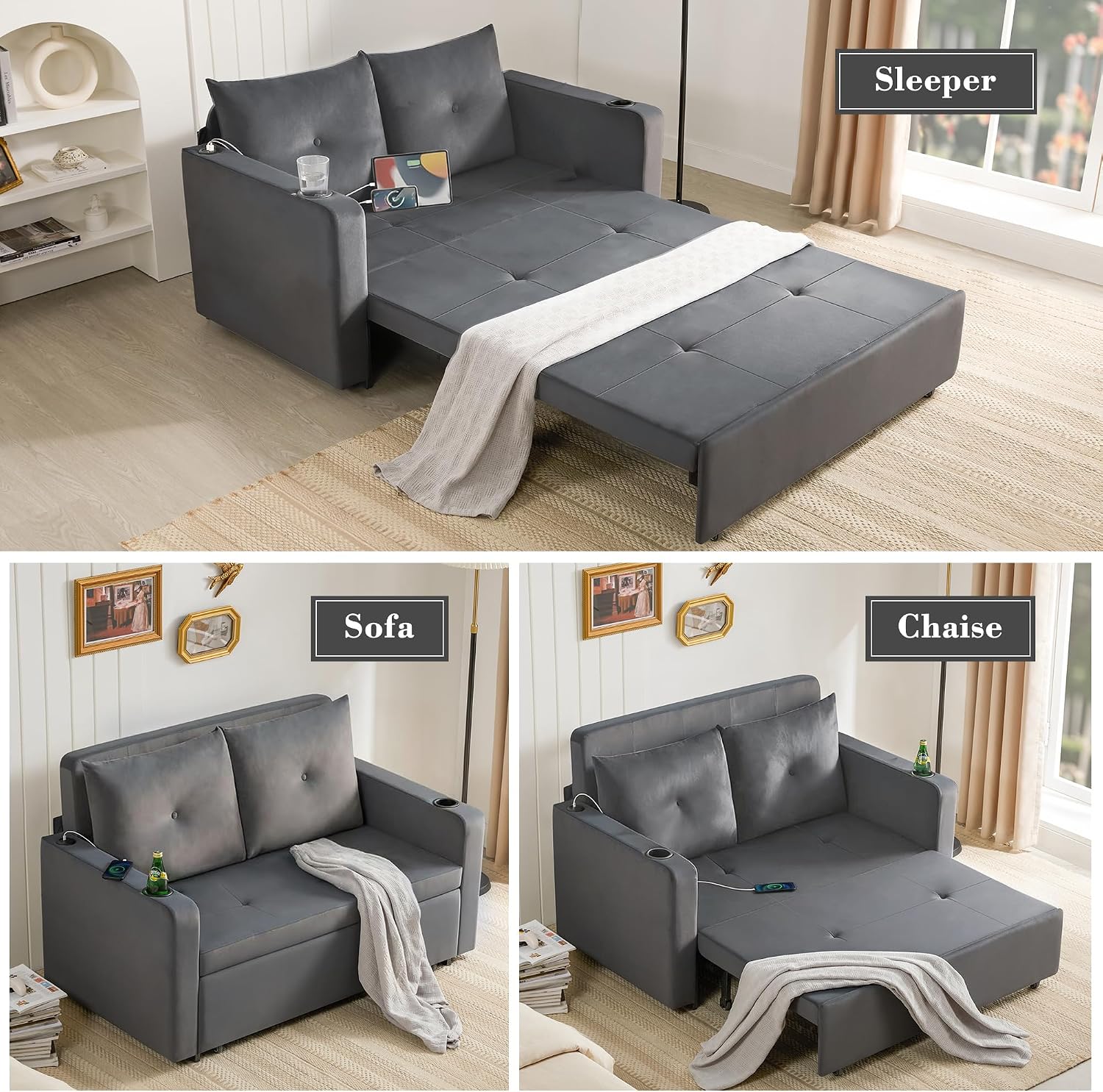 Krcix 3 in 1 Pull Out Couch, 56 Inch Velvet Sofa Bed, Convertible Loveseat Sleeper Sofa for Living Room, Small Space, Upholstered Couch Bed with USB, Cup Holder(Grey)