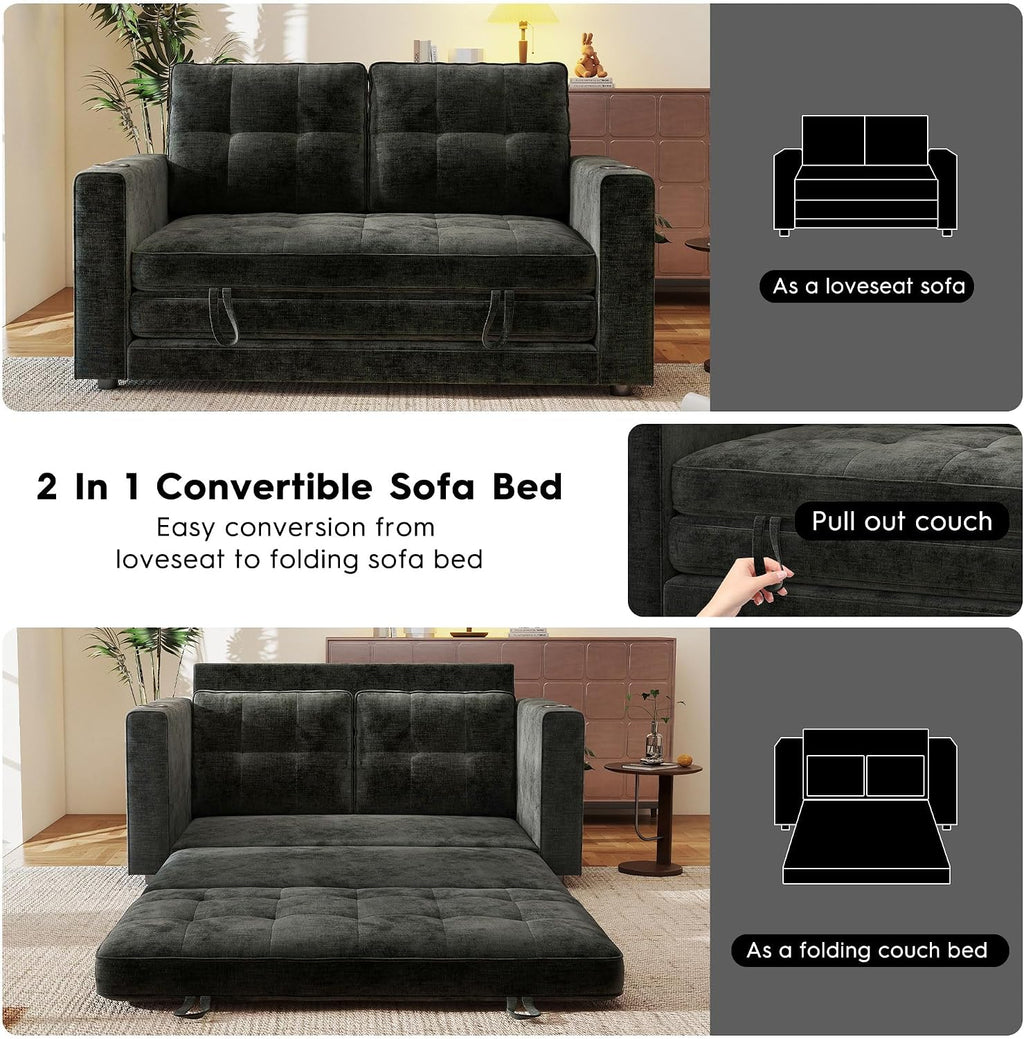 55' Convertible Folding Sofa Bed, Pull Out Couch Love Seat Sleeper Bed, Small Fold Out Loveseat Sleeper with Cup Holder and Pillow for Small Space, Bedroom Lounge, Dorm, Living Room(Black Chenille)