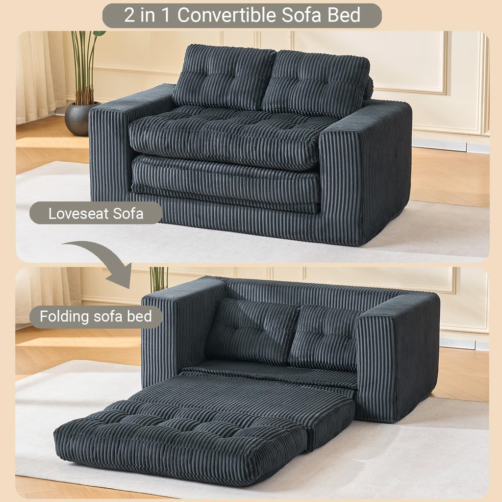 Fefances 55.1'Boneless Sofa Bed, 2-in-1 Convertible Loveseat & Folding Futon Couch, Small Space-Saving Design with Corduroy Fabric, for Living Room, Bedroom, Studio Apartment - Black