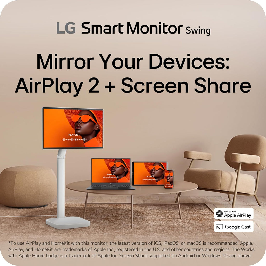 LG Smart Monitor Swing 32U889SA-W 32' 4K UHD 3840x2160 IPS Touchscreen on a Fully Adjustable Wheeled Base HDR10, webOS, Built-in Speaker, HDMI, USB Type-C, Tilt/Height/Swivel/Pivot Stand,White Renewed