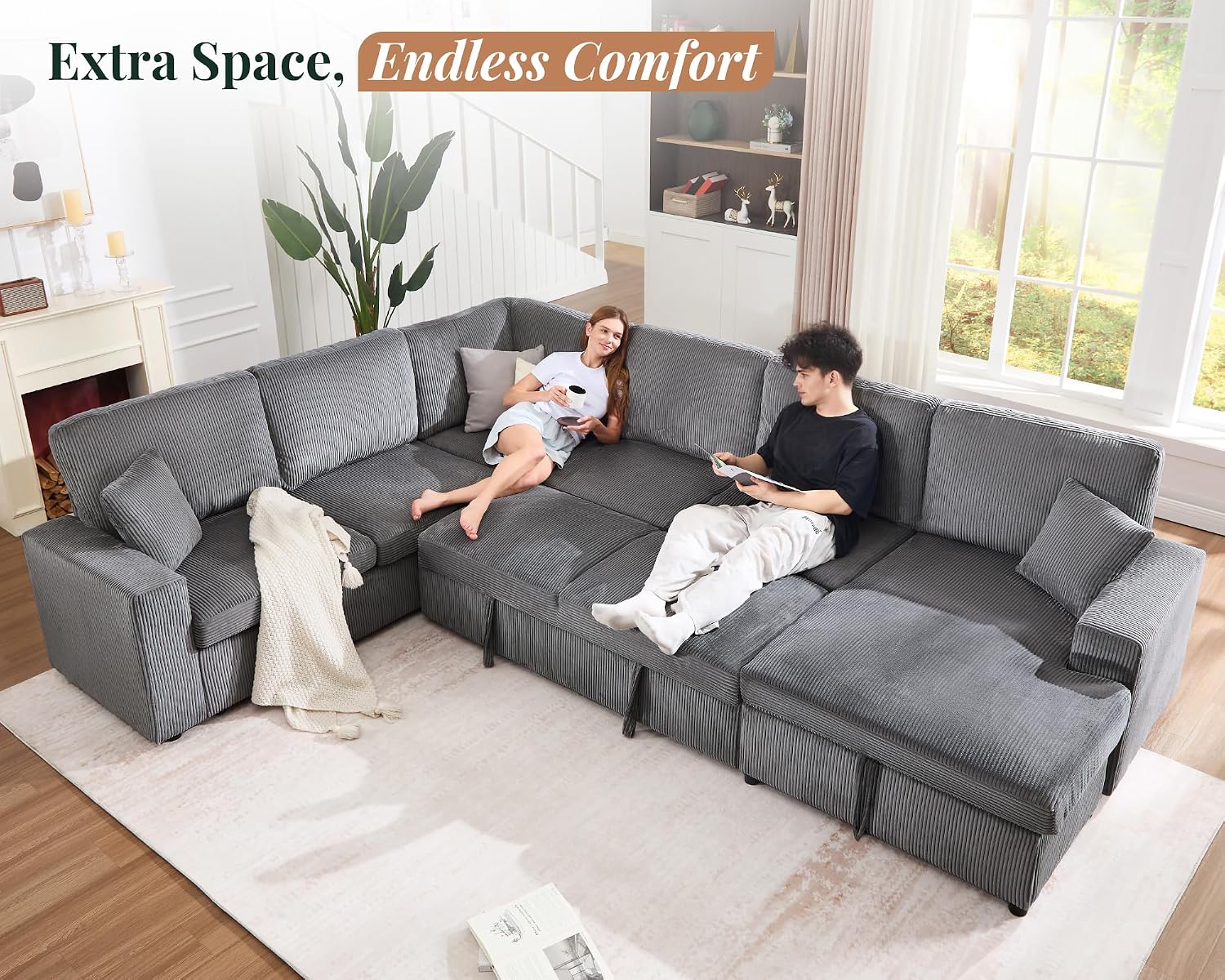 Jocisland 130' Sofa Bed, Sleeper Sofa, Pull Out Sleeper Couch with Storage, Convertible 6-Seater Sofa Bed for Living Room, Corduroy Grey