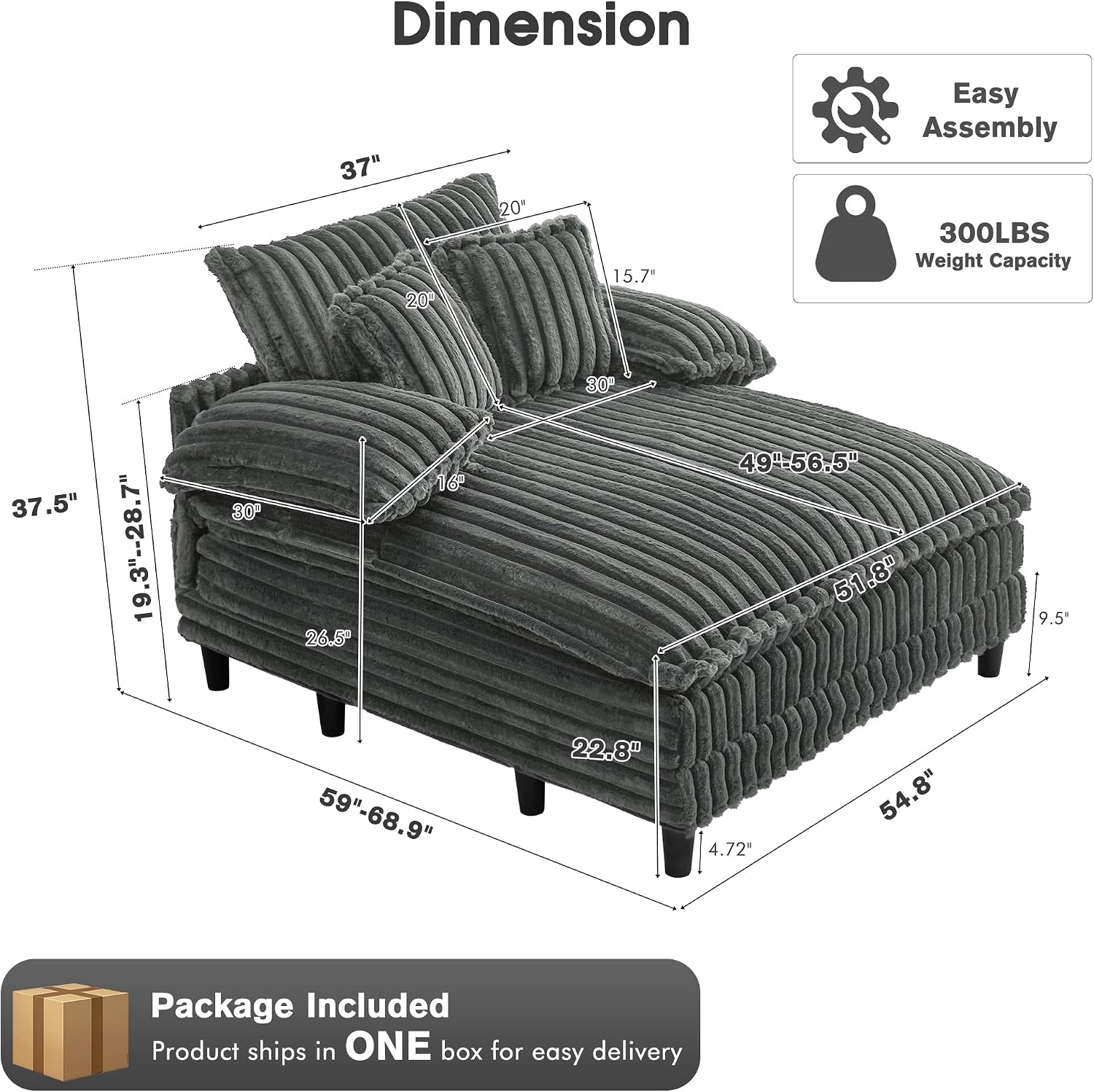 WESTSETLUX 54.8' W Oversized Chaise Lounge Chair Indoor with 5-Position Adjustable Backrest, Plush Sleeper Sofa Bed with Pillows, Upholstered Cloud Couch Chair for Living Room, Study Room, Dark Grey