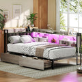 RALGEND Corner Bed Frame with Bookcase Storage and PU Upholstered, Twin Daybed with 2 Drawers and Charging Station, Metal Platform Bed Fram for Living Room, Bedroom, Guest Room, Gray and Black