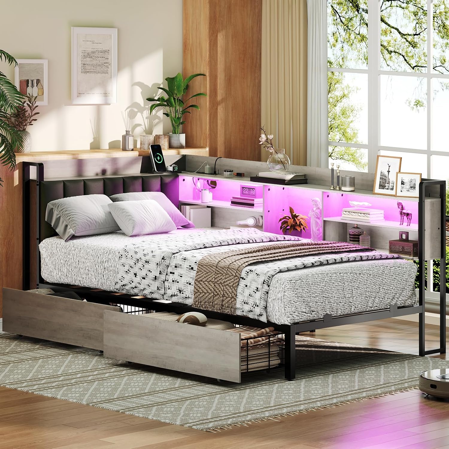 RALGEND Corner Bed Frame with Bookcase Storage and PU Upholstered, Twin Daybed with 2 Drawers and Charging Station, Metal Platform Bed Fram for Living Room, Bedroom, Guest Room, Gray and Black