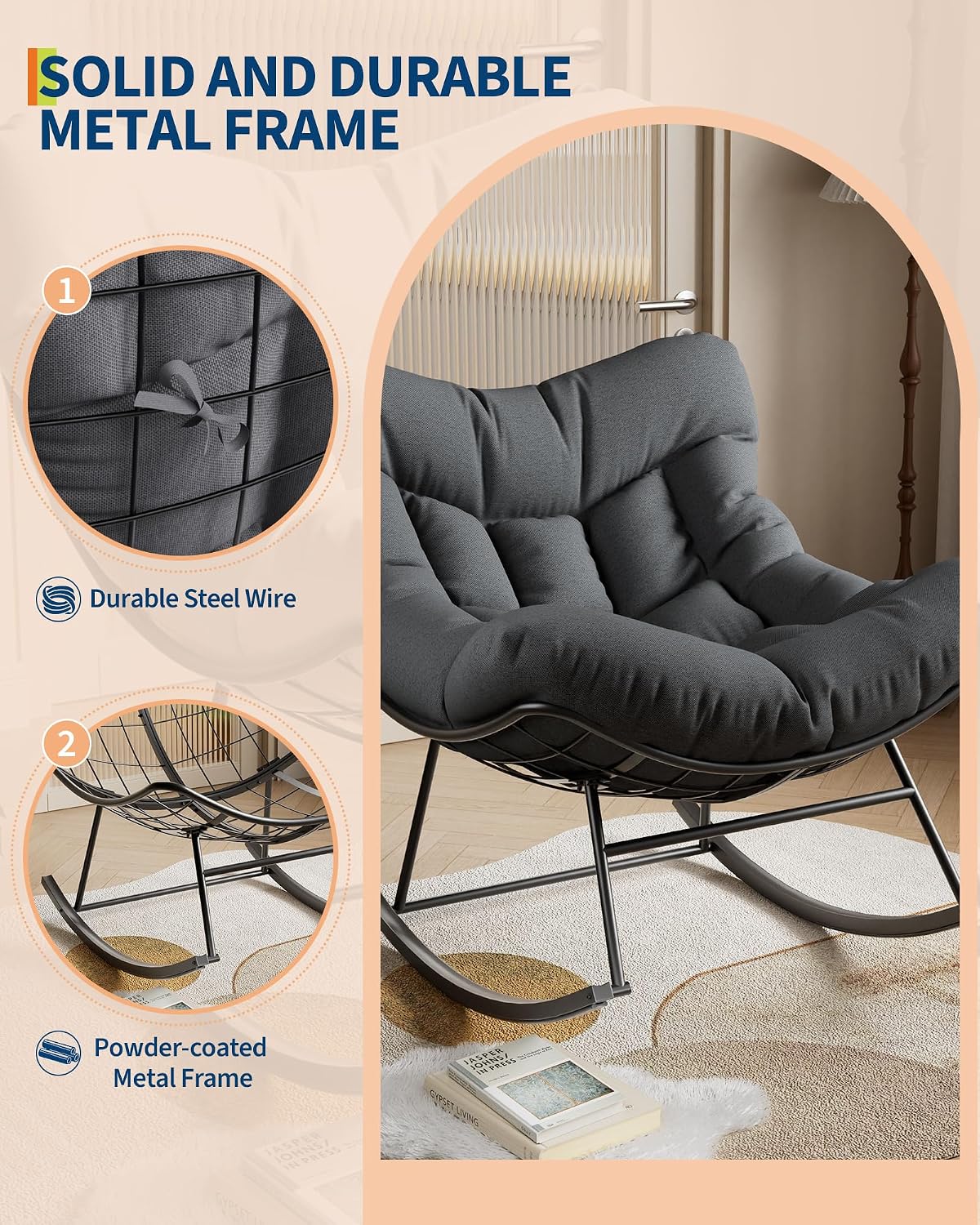 Patio Rocking Chair Indoor and Outdoor, Metal Lounge Rocker with Thick 6'' Cushion,350 Lbs Capacity,Grey Cushion