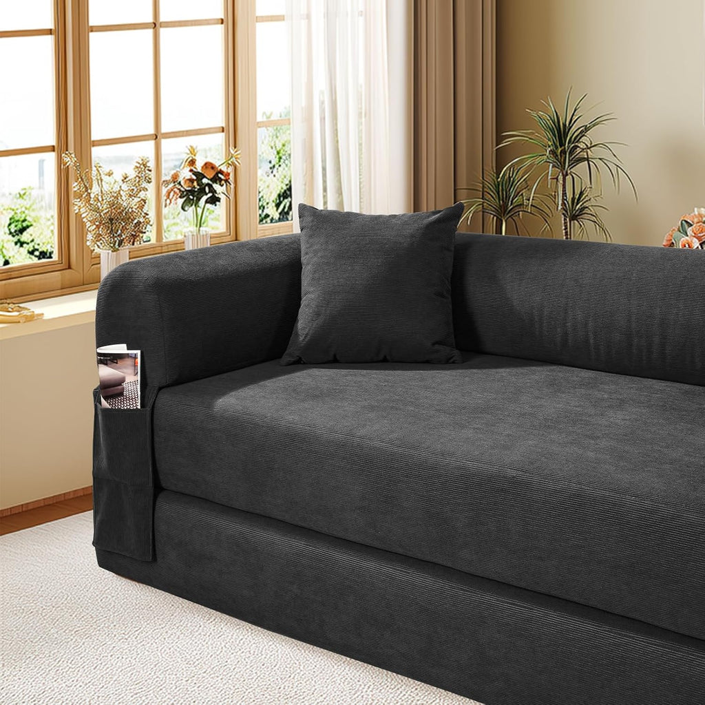 Convertible Futon Sofa Bed,80' Folding Pull Out Couch Bed with Pillows & Storage,Queen Sleeper Sofa Bed,Compressed Couch in a Box,Corduroy Boneless Couches for Living Room,Deep Gray