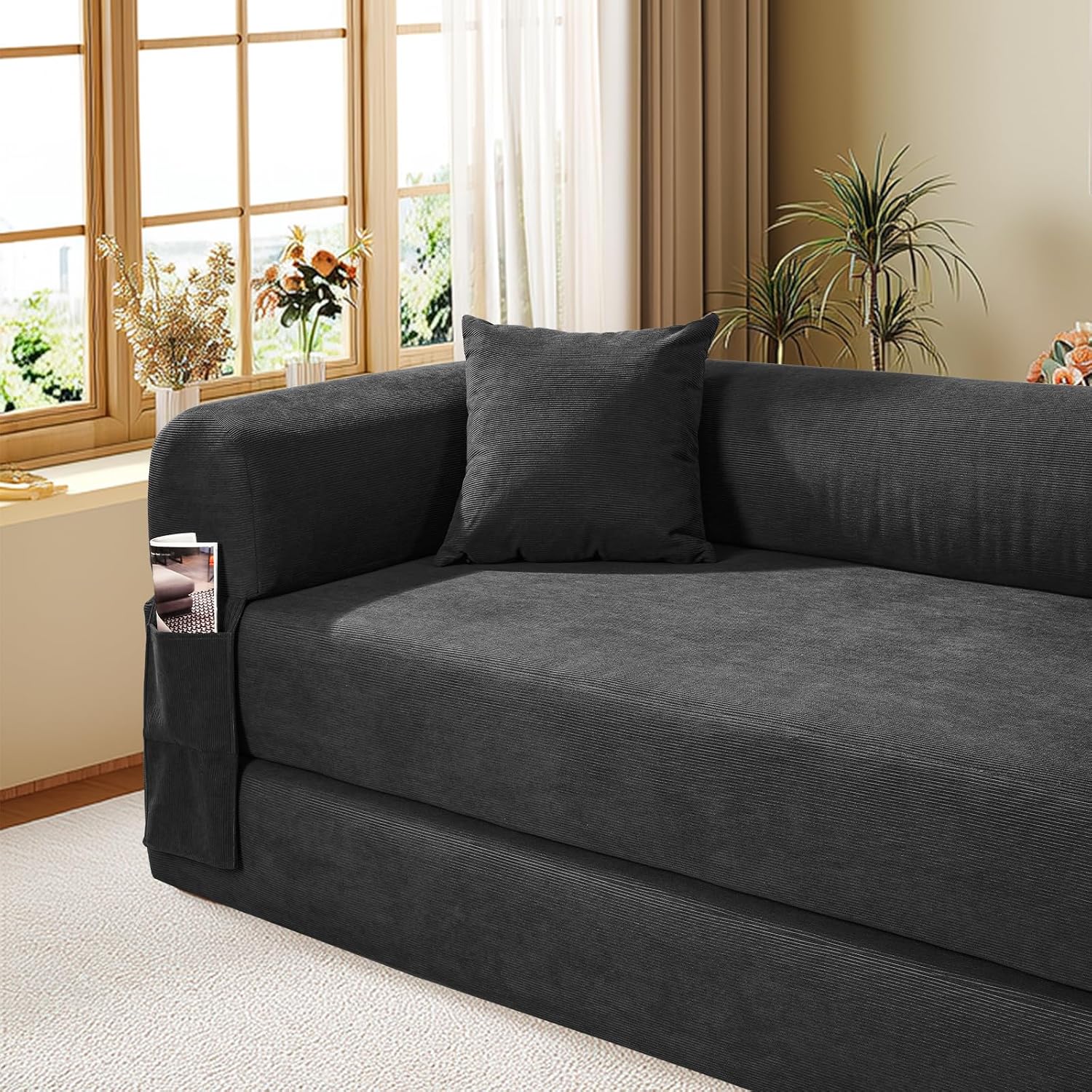 Convertible Futon Sofa Bed,80' Folding Pull Out Couch Bed with Pillows & Storage,Queen Sleeper Sofa Bed,Compressed Couch in a Box,Corduroy Boneless Couches for Living Room,Deep Gray