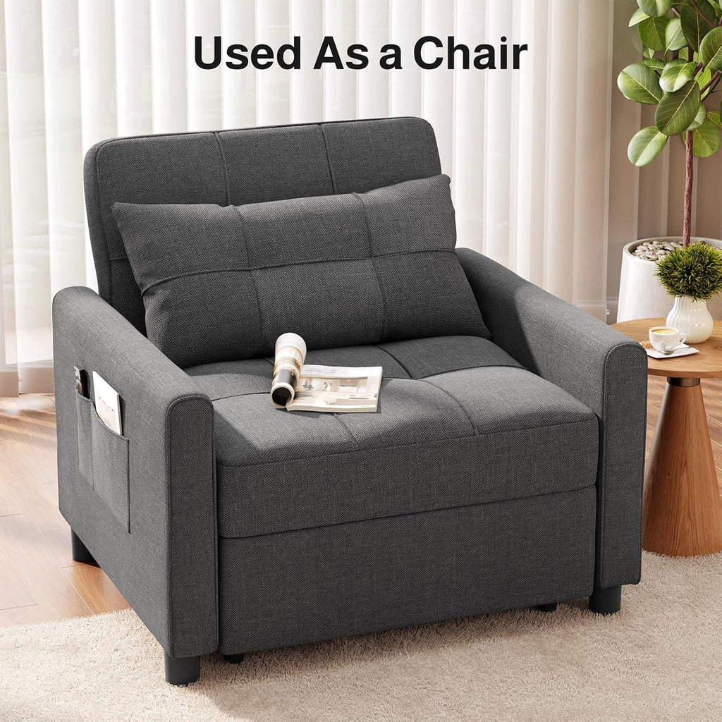 Ahomly Convertible Sofa Chair Bed, 3-in-1 Multi-Functional Sleeper Chair Bed, Adjustable Backrest Recliner with Modern Linen Fabric for Living Room Bedroom Apartment Small Space, Dark Grey