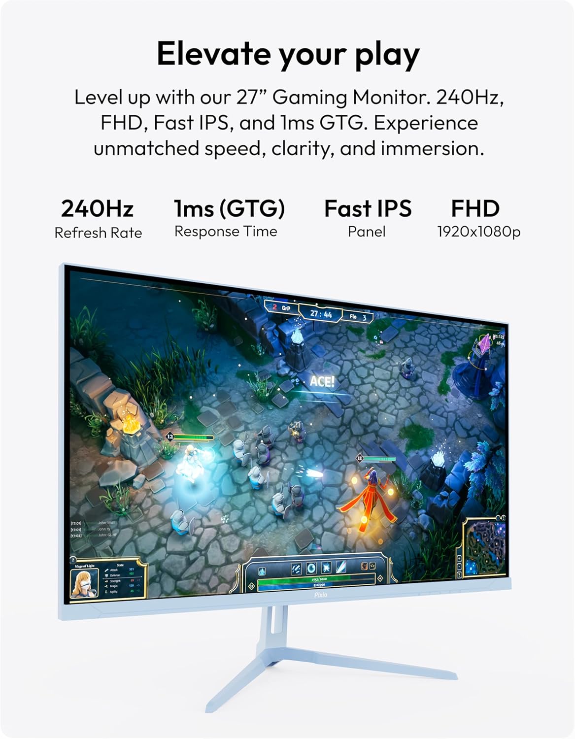 Pixio PX279 Wave Blue 27 inch 240Hz Refresh Rate FHD 1080p Resolution Fast IPS Panel 1ms GTG Resonse Time Gaming Monitor and PS1S Wave Blue Single Monitor Arm - Fits up to 32 inches and 19.8lbs