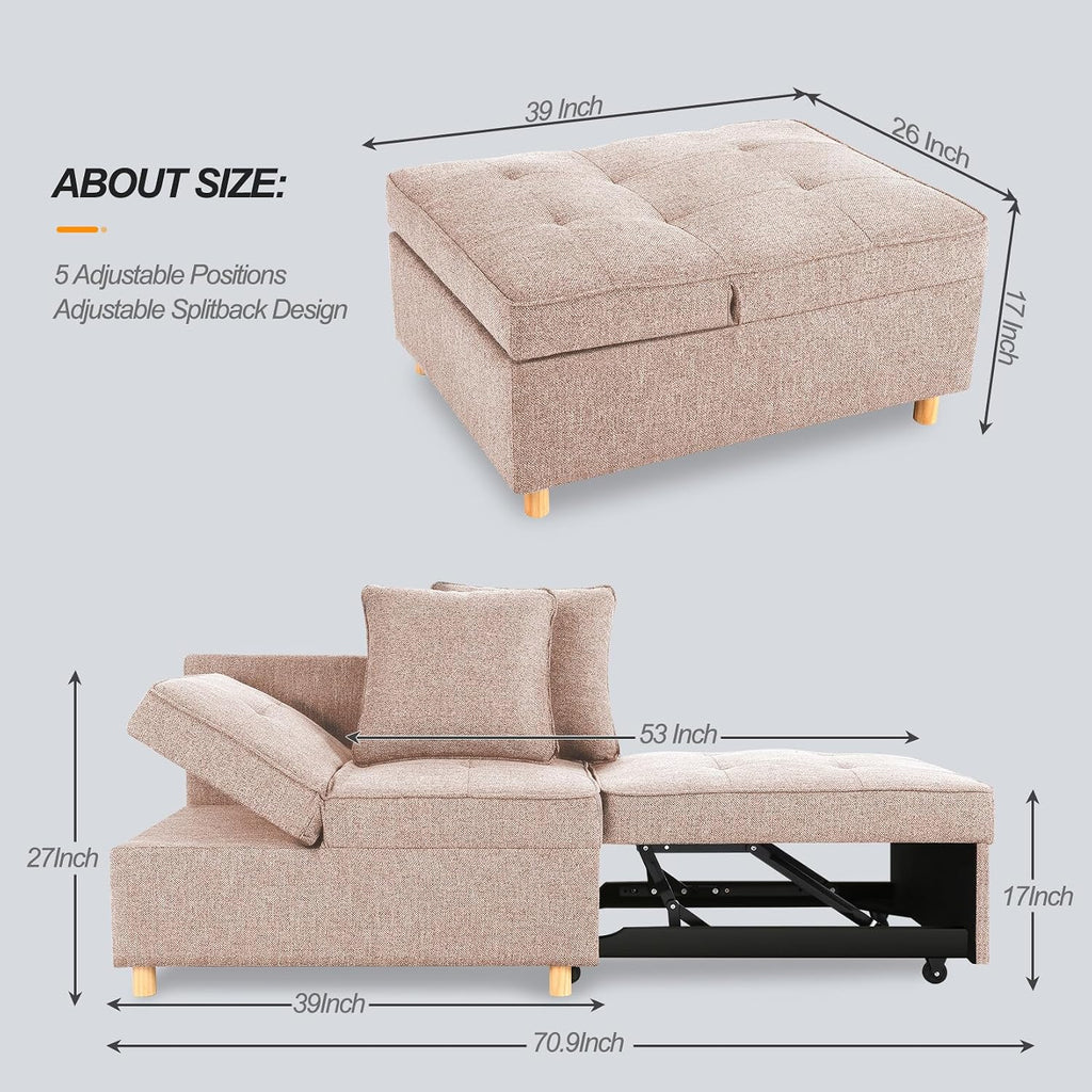 SEJOV 71' Convertible Couch Bed, Brown Wood Loveseat Sofa, Adjustable Couch Sleeper with Pull Out Bed, Modern Linen Fabric Space-Saving Sofas for Living Room, Apartment and Office,Light Brown