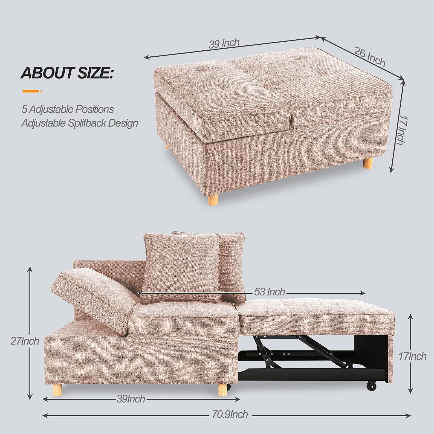 SEJOV 71' Convertible Couch Bed, Brown Wood Loveseat Sofa, Adjustable Couch Sleeper with Pull Out Bed, Modern Linen Fabric Space-Saving Sofas for Living Room, Apartment and Office,Light Brown