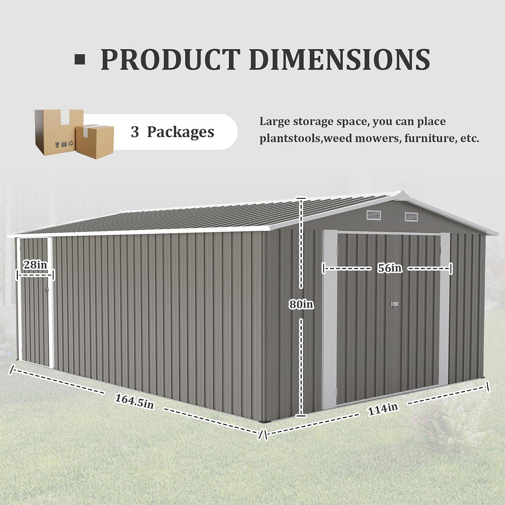 10 x14 FT Outdoor Storage Shed, Extra Large Metal Garden Shed with Waterproof Roof and 3 Lockable Doors, All-Weather Utility Tool Shed Storage House for Backyard, Patio, Lawn (Light Gray)