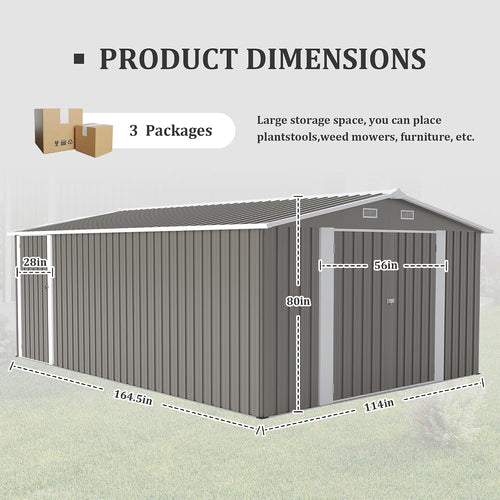 10 x14 FT Outdoor Storage Shed, Extra Large Metal Garden Shed with Waterproof Roof and 3 Lockable Doors, All-Weather Utility Tool Shed Storage House for Backyard, Patio, Lawn (Light Gray)