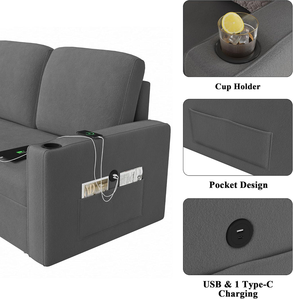 Keyluv 87' Pull Out Sleeper Sofa Bed with Storage Chaise, Reversible 2 in 1 Sectional Sofa Bed with Charging Station and Cup Holder, L-Shaped Sofa Couch for Living Room, Velvet Dark Gray