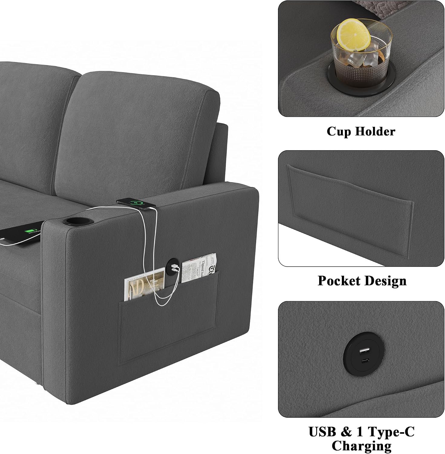 Keyluv 87' Pull Out Sleeper Sofa Bed with Storage Chaise, Reversible 2 in 1 Sectional Sofa Bed with Charging Station and Cup Holder, L-Shaped Sofa Couch for Living Room, Velvet Dark Gray