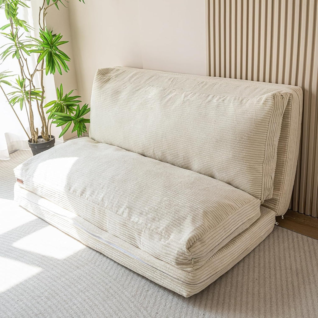 MAXYOYO Folding Sofa Bed, Floor Sofa Convertible Sleeper Chair with Washable Cover, Floor Couch Lounge Bean Bag Chair Bed for Living Room, Beige, 39x95 Inch