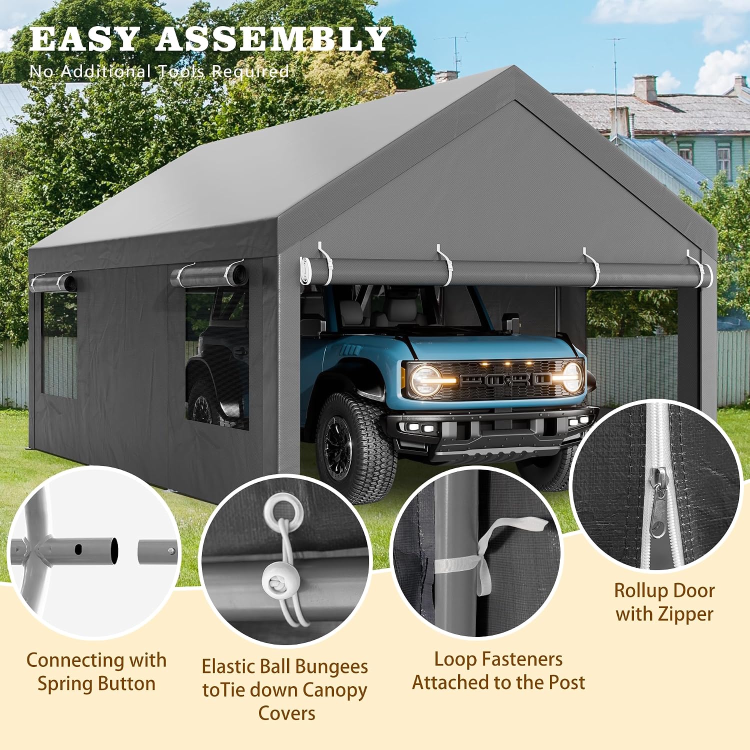 Walsunny Carport, 12x20 ft Heavy Duty Carport Canopy with Roll-up Windows, Portable Garage with Removable Sidewalls & Doors, Car Canopy with All-Season Tarp for Car, Truck, Boat