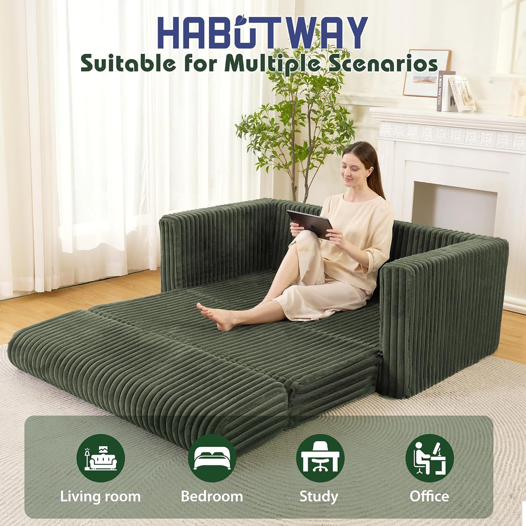 HABUTWAY Folding Sofa Bed, 2 in 1 Convertible Sleeper Chair with Armrest, Portable Fold Out Chair Bed, Comfy Floor Couch, Multi-Functional Lazy Sofa for Living Room Bedroom Dorm Home Office, Green