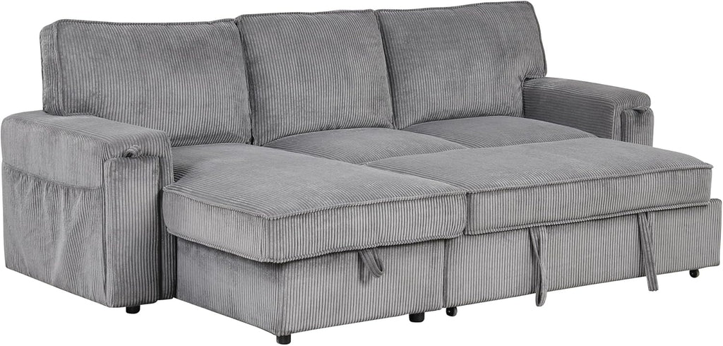LUMISOL 96' Convertible Sectional Sofa with Pull Out Bed, Corduroy L-Shaped Sofa Bed with Storage Chaise, Sectional Sleeper Sofa with Cup Holders & Pockets for Living Room, Gray