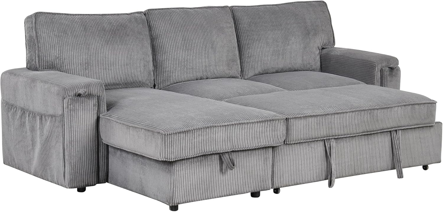 LUMISOL 96' Convertible Sectional Sofa with Pull Out Bed, Corduroy L-Shaped Sofa Bed with Storage Chaise, Sectional Sleeper Sofa with Cup Holders & Pockets for Living Room, Gray