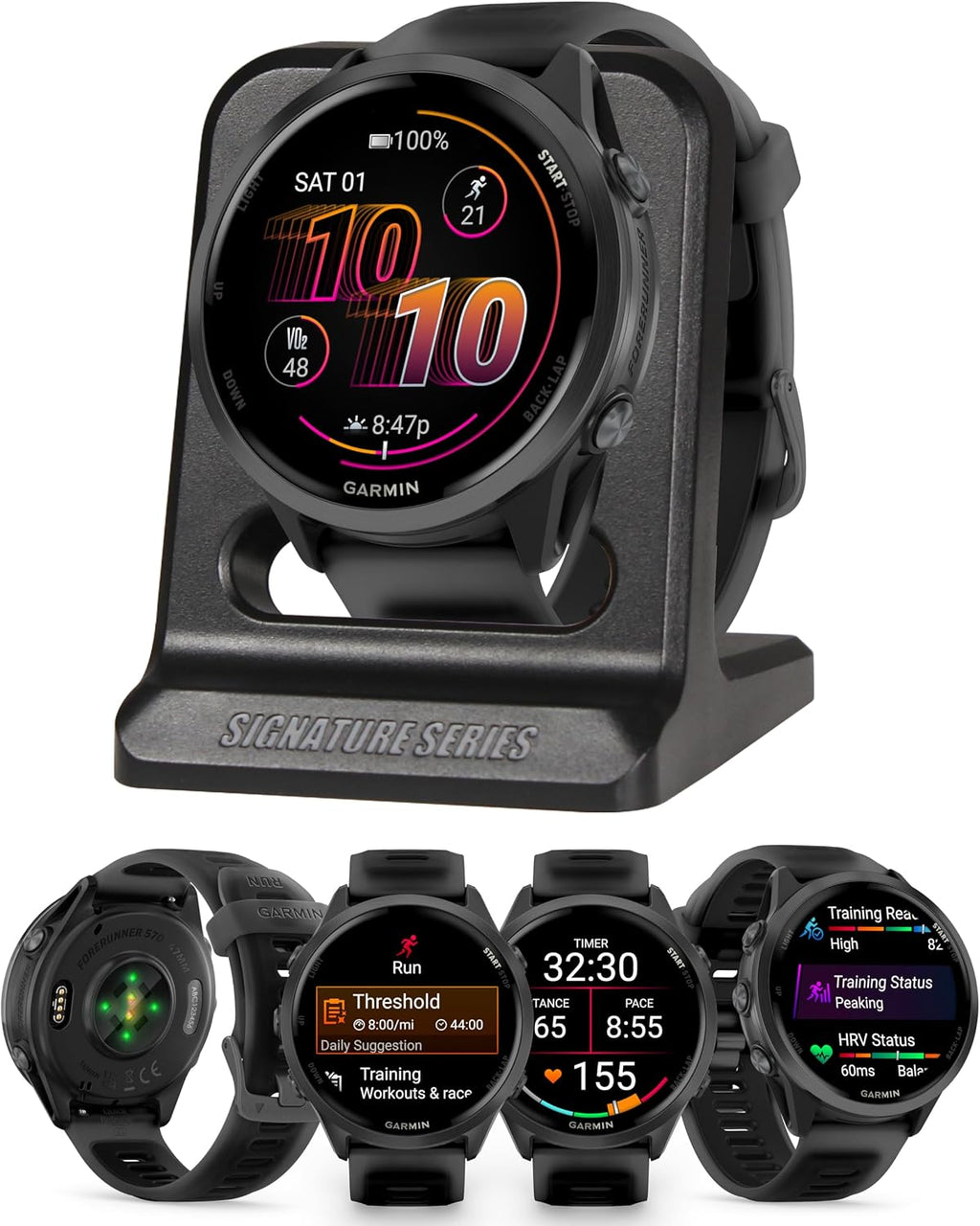 Garmin Forerunner 570 Performance 47mm GPS Smartwatch, Slate Gray | AMOLED Display, Training Readiness, On-Wrist Calling with Signature Series Modern Power Stand Bundle