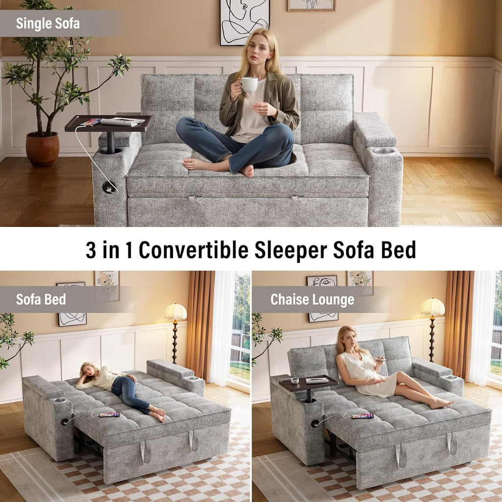 65'' 3-in-1 Convertible Sofa Bed with Adjustable Backrest, Pull Out Sofa, Chenille Couch Sleeper 360° Swivel Side Table, Easy Assembly, for Living Room & Apartments, Gray